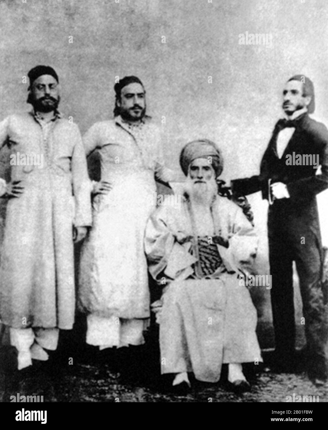 India/Iraq: David Sassoon (October 1792 – November 7, 1864) with his sons Elias David, Albert Abdallah & Sassoon David, c. 1850.  Sassoon was born in Baghdad, where his father, Saleh Sassoon, was a wealthy businessman and chief treasurer to the pashas (the governors of Baghdad) from 1781 to 1817, and leader of the city's Jewish community.  The family were Sephardim whose ancestors once lived in Spain. His mother was Amam Gabbai. Following increasing persecution of Baghdad's Jews by Daud Pasha, the family moved to Bombay via Persia. Sassoon was in business in Bombay no later than 1832. Stock Photo