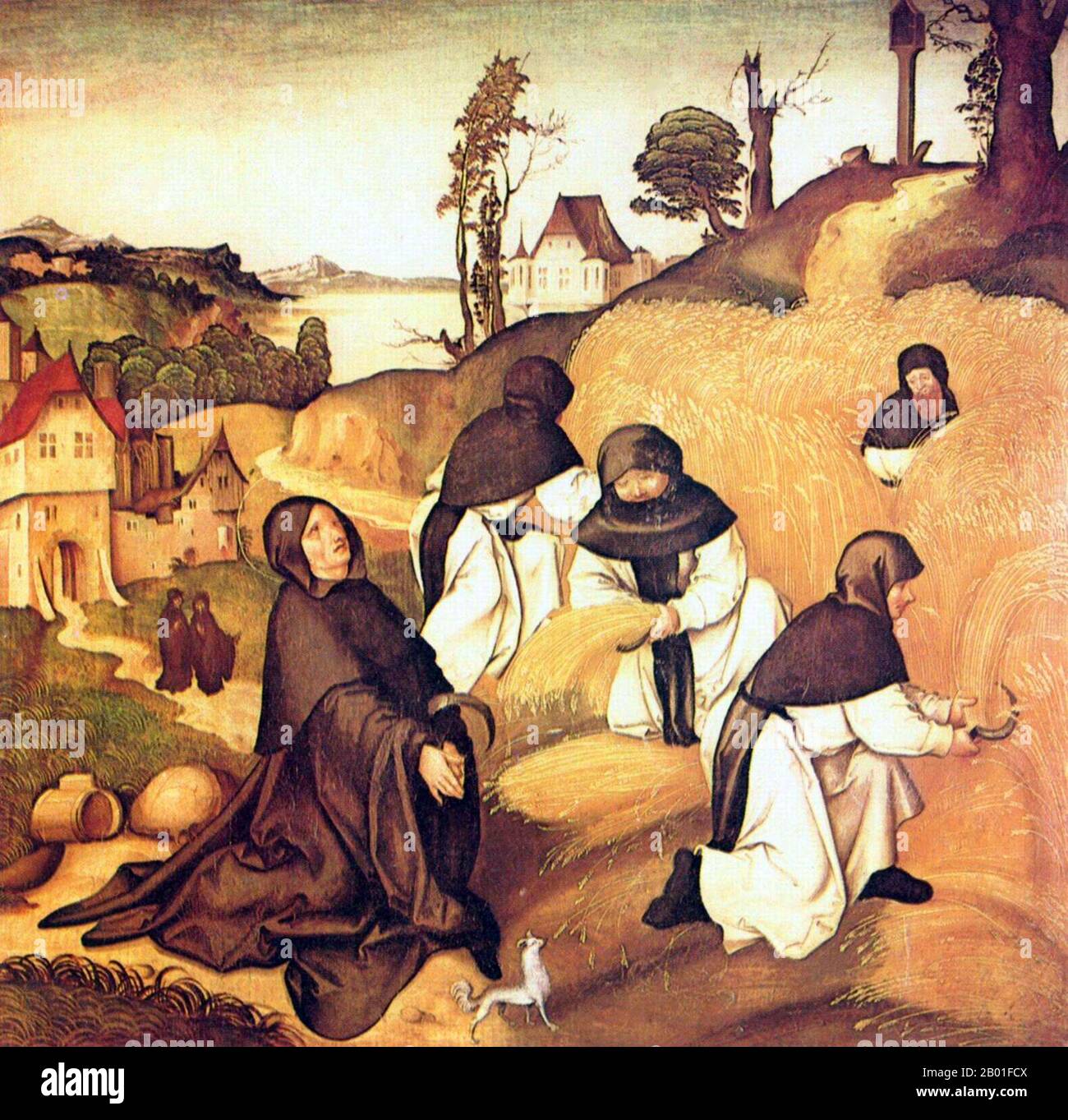 Germany: Cistercian monks working in a cornfield. Painting by Jörg Breu the Elder (c. 1475-1537), 1500.  The Order of Cistercians (Latin: Ordo Cisterciensis or, alternatively, O.C.S.O. for the Trappists [Order of Cistercians of the Strict Observance]) is a Catholic religious order of enclosed monks and nuns. They are sometimes also called the Bernardines or the White Monks, in reference to the colour of the habit, over which a black scapular is worn.  The emphasis of Cistercian life is on manual labour and self-sufficiency. Stock Photo