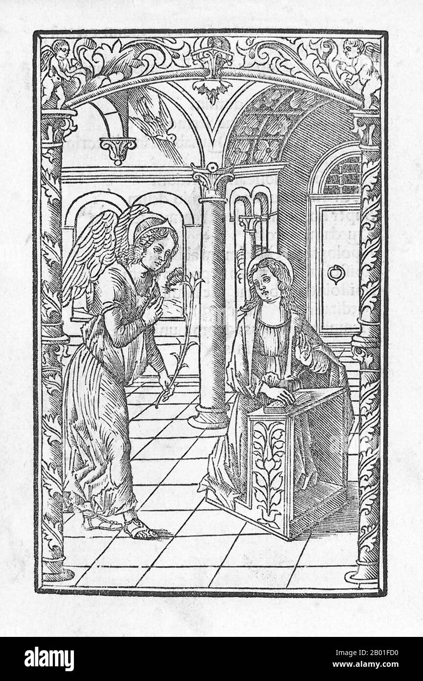 Italy: Woodcut of the Annunciation from Bernard of Clairvaux (1090 - 20 August 1153), Venice, 1503.  Bernard of Clairvaux, O.Cist was a French abbot and the primary builder of the reforming Cistercian order.  After the death of his mother, Bernard sought admission into the Cistercian order. Three years later, he was sent to found a new abbey at an isolated clearing in a glen known as the Val d'Absinthe, about 15 km southeast of Bar-sur-Aube. According to tradition, Bernard founded the monastery on 25 June 1115, naming it Claire Vallée, which evolved into Clairvaux. Stock Photo