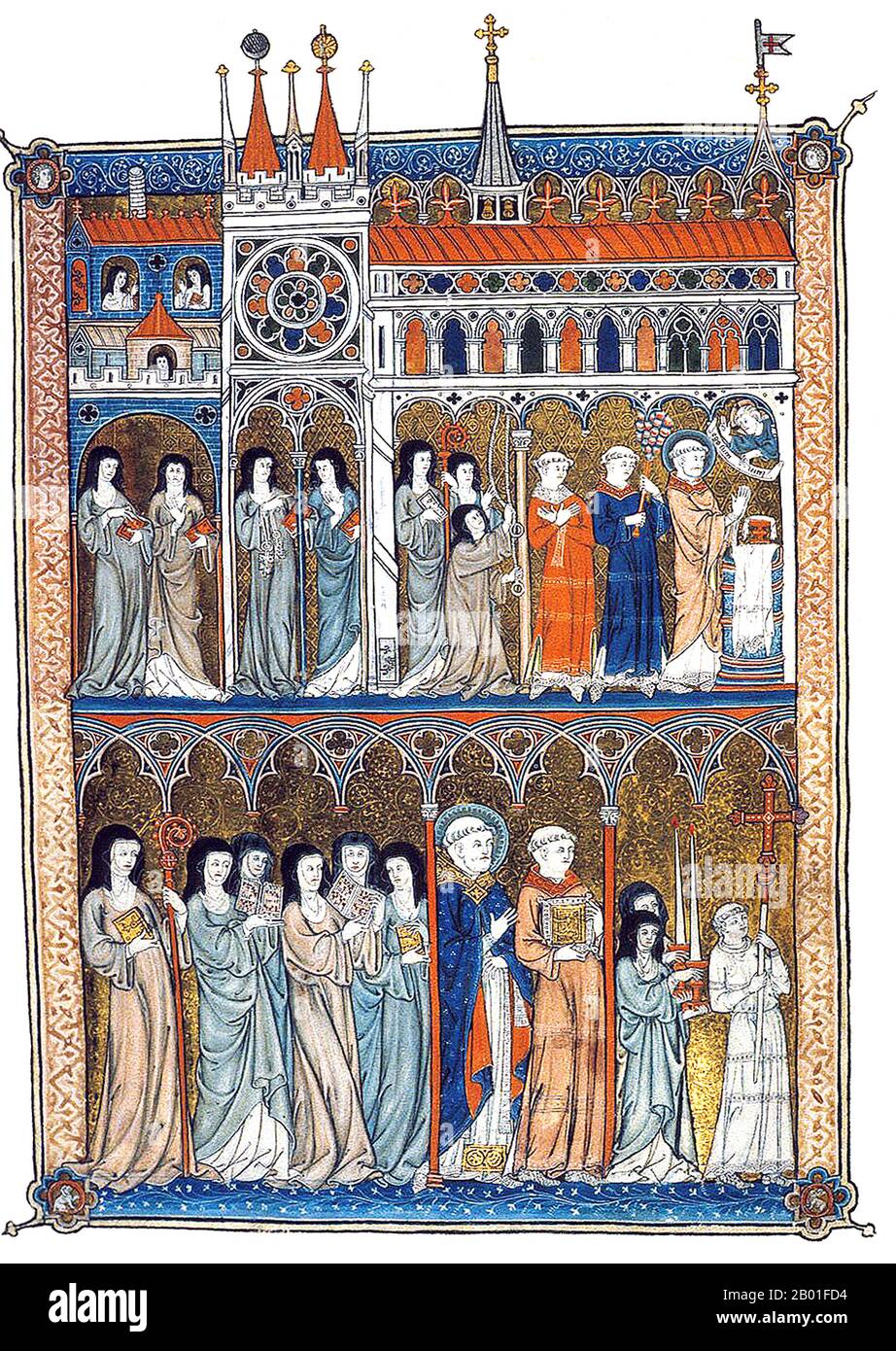 France: Illuminated manuscript showing Cistercian nuns worshipping, c. 1290.  The Order of Cistercians (Latin: Ordo Cisterciensis or, alternatively, O.C.S.O. for the Trappists [Order of Cistercians of the Strict Observance]) is a Catholic religious order of enclosed monks and nuns. They are sometimes also called the Bernardines or the White Monks, in reference to the colour of the habit, over which a black scapular is worn.  The emphasis of Cistercian life is on manual labour and self-sufficiency, and many abbeys have traditionally supported themselves through activities such as agriculture. Stock Photo