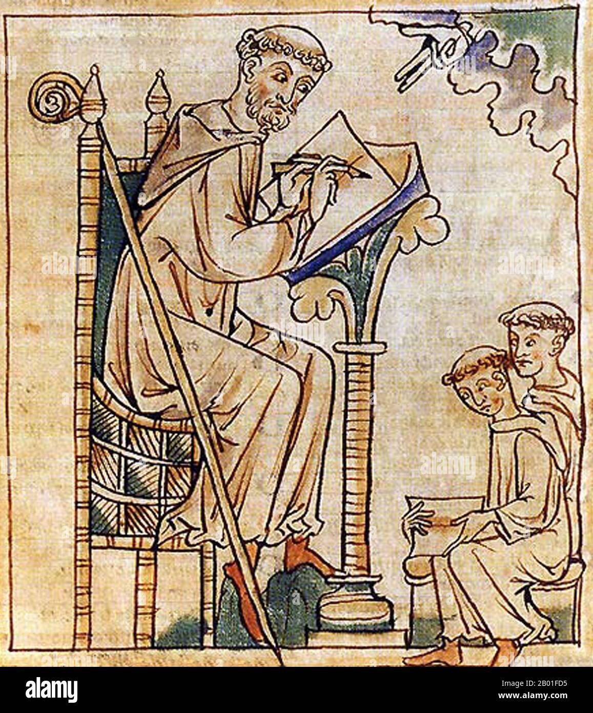 France: Coloured woodcut of St. Bernard of Clairvaux (1090 - 20 August 1153) writing a sermon, 12th century.  Bernard of Clairvaux, O.Cist was a French abbot and the primary builder of the reforming Cistercian order.  After the death of his mother, Bernard sought admission into the Cistercian order. Three years later, he was sent to found a new abbey at an isolated clearing in a glen known as the Val d'Absinthe, about 15 km southeast of Bar-sur-Aube. According to tradition, Bernard founded the monastery on 25 June 1115, naming it Claire Vallée, which evolved into Clairvaux. Stock Photo