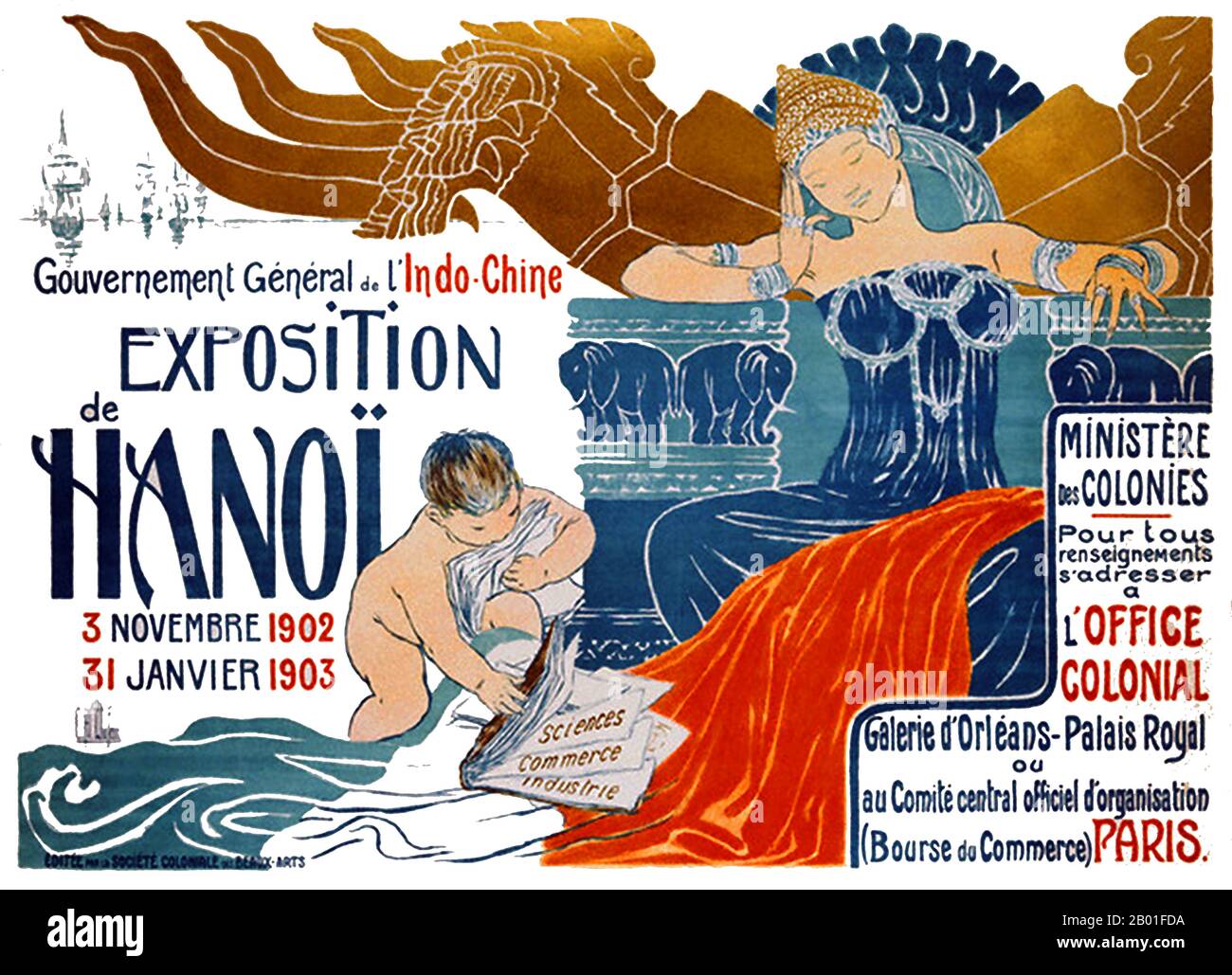 Vietnam: Advertisement for the Hanoi Exposition by Clementine-Hélène Dufau (18 August 1869 - 18 March 1937), November 1902 - January 1903.  Hanoi (Vietnamese: Hà Nội), is the capital of Vietnam and the country's second largest city. It has an estimated population of nearly 6.5 million (2009), (but only 2.6 million (2009) in urban areas). From 1010 until 1802, it was the most important political centre of Vietnam.  It was eclipsed by Huế during the Nguyễn dynasty as the capital of Vietnam, but Hanoi served as the capital of French Indochina from 1902 to 1954. Stock Photo