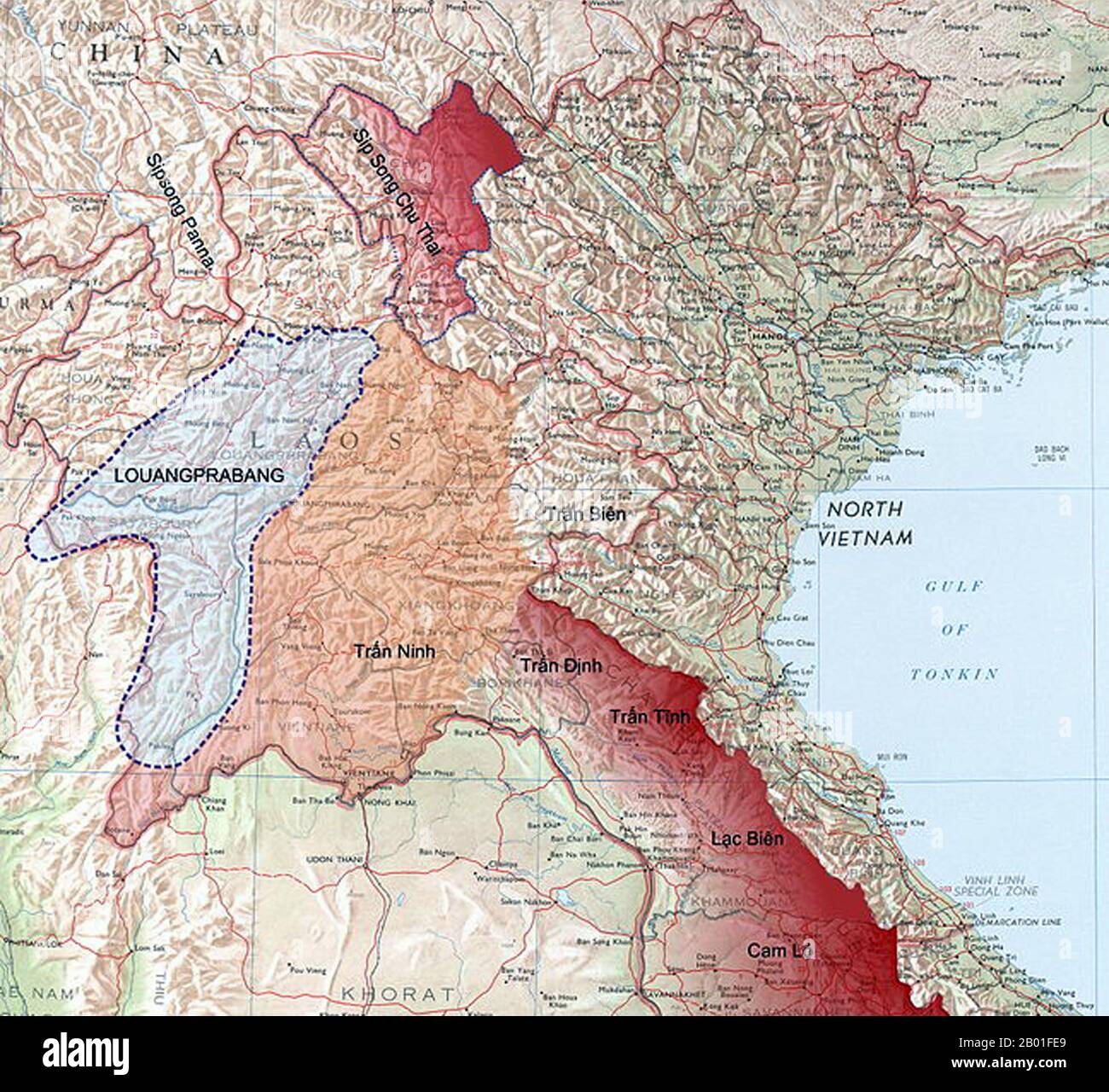 Vietnam/Laos: Map showing location of the autonomous Tai Principality of Sipsongchuthai in relation to Tonkin and to Luang Prabang, c. 1893.  During the late 19th century, all the territory stretching from Dien Bien Phu in the south to the Chinese frontier in the north formed an autonomous region called Sipsongchutai, or ‘Twelve Tai Principalities’. It was ruled over by a hereditary White Tai prince from his capital at Lai Chau and paid tribute, at one time or another, to Siam, Vietnam or China, and sometimes to all three. Stock Photo