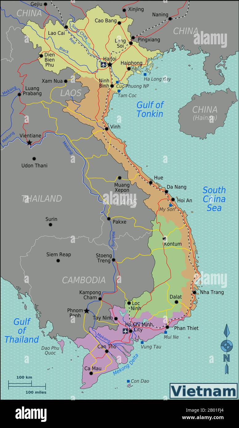 Vietnam: Map of Vietnam showing North, Central, South and Central Highlands regions.  Map of Vietnam showing North (yellow), Central (orange), South (purple) and Central Highlands (green) regions. Stock Photo