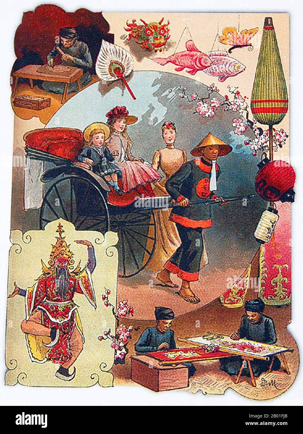 Vietnam: Advertisement for Expo Indochine, Paris, 1889.  In 1863, Cambodia became a protectorate of France. In October 1887, the French announced the formation of the Union Indochinoise (Union of Indochina), which at that time comprised Cambodia and the three regions of Vietnam (Tonkin, Annam, and Cochinchina). In 1893, Laos was also annexed. Stock Photo