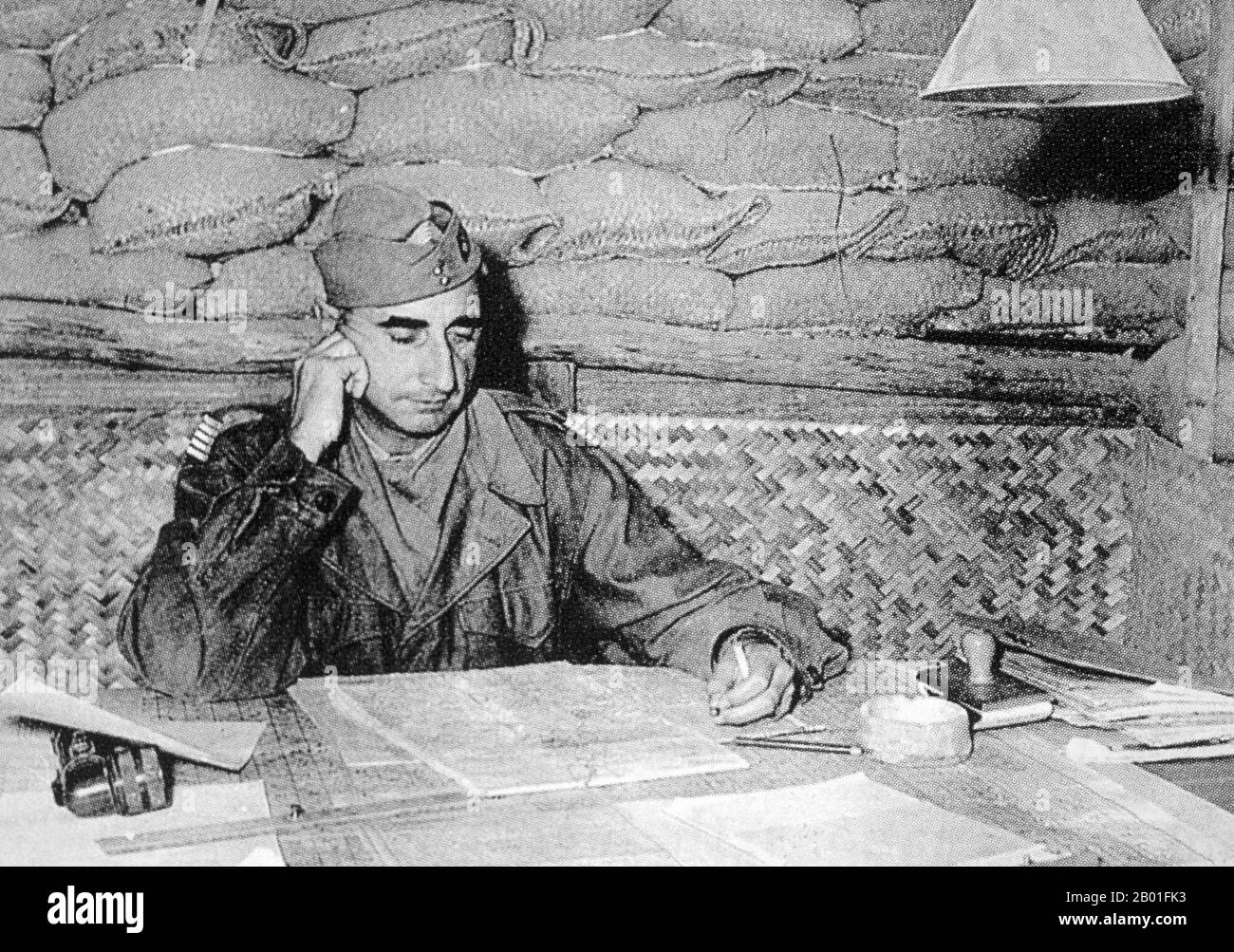 Vietnam: French General Christian De Castries in his command post at Dien Bien Phu, May 1954.  The important Battle of Dien Bien Phu was fought between the Việt Minh (led by General Vo Nguyen Giap), and the French Union (led by General Henri Navarre, successor to General Raoul Salan). The siege of the French garrison lasted fifty-seven days, from 5:30    PM on March 13 to 5:30 PM on May 7, 1954.  The southern outpost or fire base of the camp, Isabelle, did not follow the cease-fire order and fought until the next day at 01:00 AM. Stock Photo