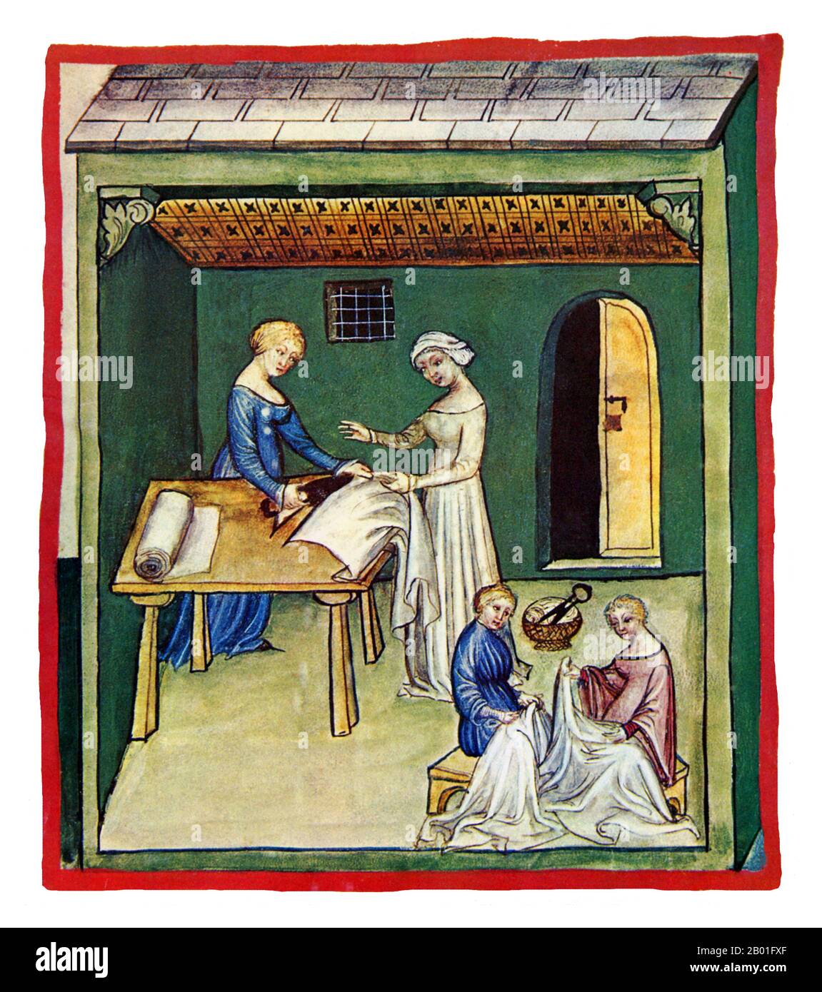 Iraq/Italy:  Linen Clothing (Vestits Linea). Illustration from Ibn Butlan's Taqwim al-sihha or 'Maintenance of Health' (Baghdad, 11th century), published in Italy as the Tacuinum Sanitatis, 14th century.  The Tacuinum (sometimes Taccuinum) Sanitatis is a medieval handbook on health and well being, based on the Taqwim al‑sihha تقويم الصحة ('Maintenance of Health'), an eleventh-century Arab medical treatise by Ibn Butlan of Baghdad.  Ibn Butlân was a Christian physician born in Baghdad and who died in 1068. Stock Photo