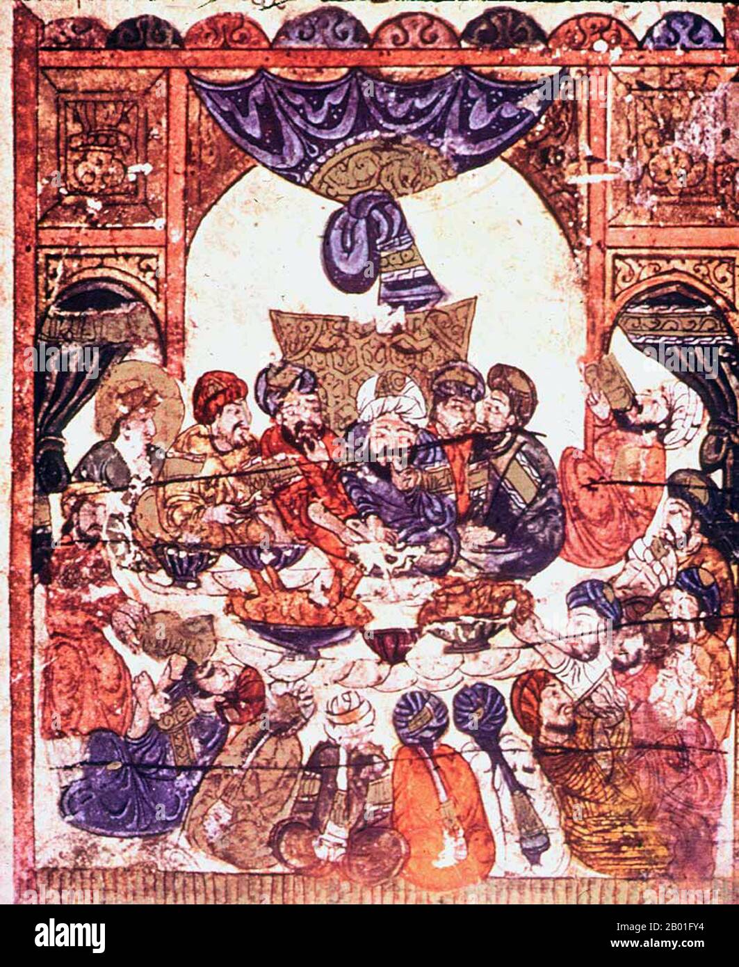 Iraq: The Wedding Banquet, Maqamat al-Hariri by al-Hariri of Basra (1054 - 10 September 1122), c. 1225-1235.  The ‘Maqama’ are a collection of picaresque Arabic tales written in the form of rhymed prose in which rhetorical extravagance is conspicuous. The style was invented in the 10th century by Badi al-Zaman al-Hamadhani and extended by Abu Muhammad al-Qasim ibn Ali al-Hariri of Basra the following century.  Al-Hariri was an Arab poet and scholar, and a high government official of the Seljuks. His best known work was his Maqamat al-Hariri, a collection of over 50 stories. Stock Photo