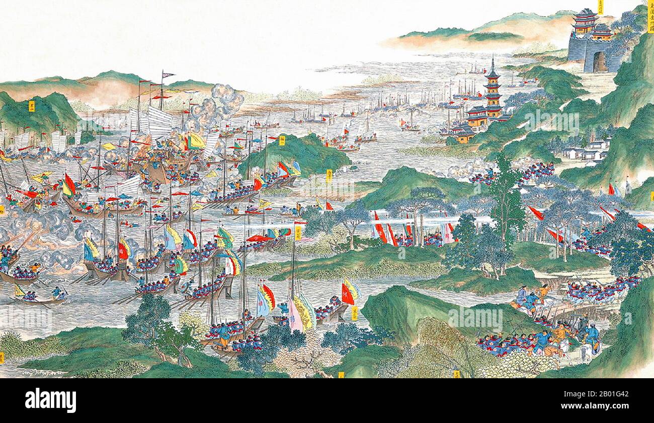 China: Qing forces regain control of Yuezhou City (Taiping Rebellion, 1850-1864). Hanging scroll painting by Wu Youru, 1886.  The Taiping Rebellion was a widespread civil war in southern China from 1850 to 1864, led by heterodox Christian convert Hong Xiuquan, who, having received visions, maintained that he was the younger brother of Jesus Christ, against the ruling Manchu-led Qing Dynasty. About 20 million people died, mainly civilians, in one of the deadliest military conflicts in history.  Hong established the Taiping Heavenly Kingdom with its capital at Nanjing. Stock Photo