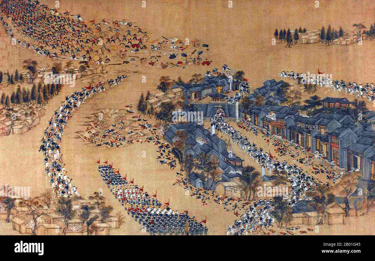 China: Qing forces ambush the Taiping Army at Wangjiakou, 1854  (Taiping Rebellion, 1850-1864). Handscroll painting, 1850s.  The Taiping Rebellion was a widespread civil war in southern China from 1850 to 1864, led by heterodox Christian convert Hong Xiuquan, who, having received visions, maintained that he was the younger brother of Jesus Christ, against the ruling Manchu-led Qing Dynasty. About 20 million people died, mainly civilians, in one of the deadliest military conflicts in history.  Hong established the Taiping Heavenly Kingdom with its capital at Nanjing. Stock Photo