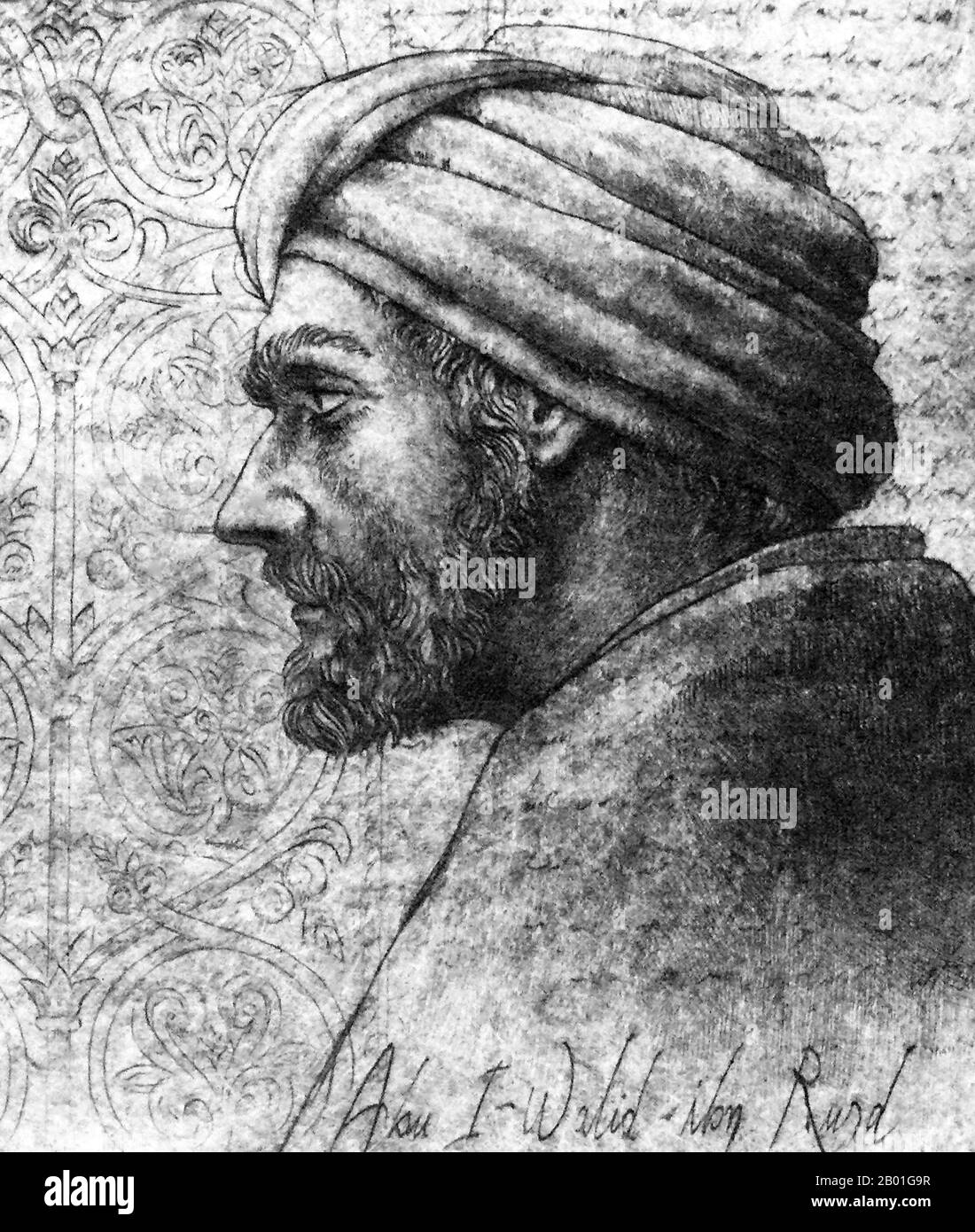 Spain/Al-Andalus: Ibn Rushd (1126 - 10 December 1198), c. 12th century.  Abū l-Walīd Muḥammad bin ʾAḥmad bin Rušd, better known as Ibn Rushd and in European literature as Averroes, was a Muslim polymath; a master of Aristotelian philosophy, Islamic philosophy, Islamic theology, Maliki law and jurisprudence, logic, psychology, politics, Arabic music theory, and the sciences of medicine, astronomy, geography, mathematics, physics and celestial mechanics.  He was born in Córdoba, Al Andalus, modern-day Spain, and died in Marrakesh, Morocco. His school of philosophy is known as Averroism. Stock Photo