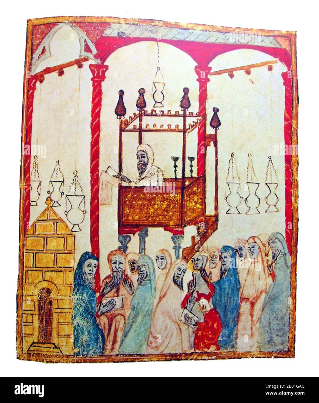 Spain/Al-Andalus: Illustration of a Jewish cantor standing on a bimah reading the Passover story in al-Andalus, from a 14th century Spanish Haggadah.  Al-Andalus was the Arabic name given to a nation and territorial region also commonly referred to as Moorish Iberia. The name describes parts of the Iberian Peninsula and Septimania governed by Muslims (often given the generic name of Moors), at various times in the period between 711 and 1492, although the territorial boundaries underwent constant changes due to wars with the Christian Kingdoms. Stock Photo