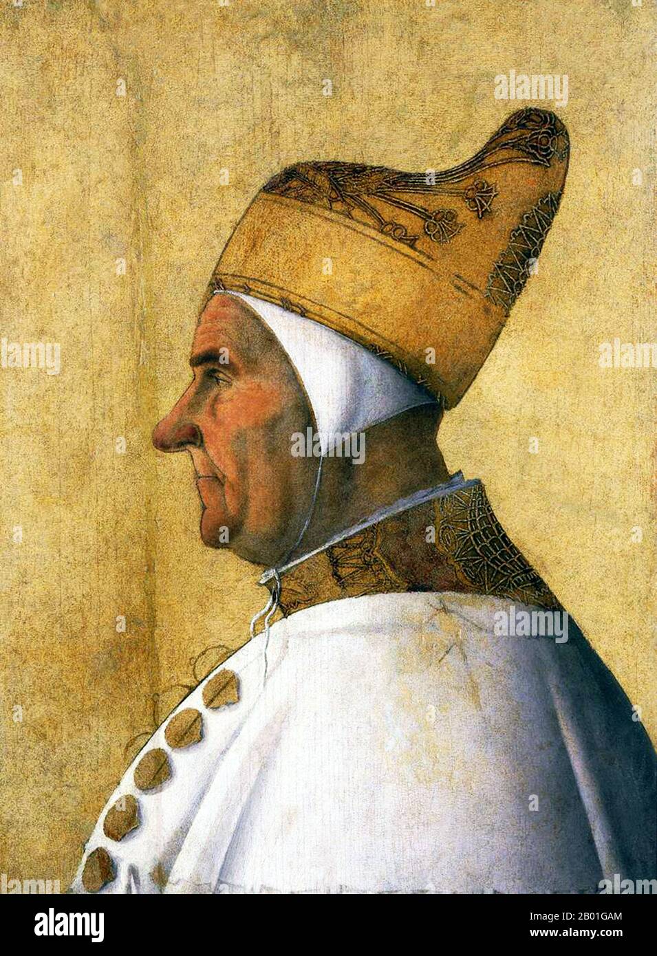 Italy/Venice: Giovanni Mocenigo (1408 - 4 November 1485), Doge of Venice (1478-1485). Tempera on panel painting by Gentile Bellini (1429-1507), c. 1478-1479.  Giovanni Mocenigo was Doge of Venice (r. 1478-1485), hailing from a very distinguished family. His brother, Pietro Mocenigo, had served as Doge before him.  He fought at sea against the Ottoman Sultan Mehmed II and on land against Ercole I d'Este, Duke of Ferrara, from whom he recaptured Rovigo and the Polesine. His dogaressa was Taddea Michiel (d. 1479), who was the last dogaressa to be crowned in Venice until Zilia Dandolo in 1557. Stock Photo
