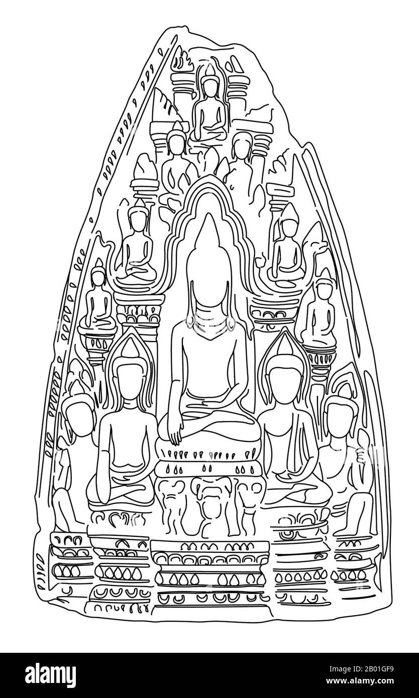 Thailand: Line drawing of Buddha amulet or 'Phra Pim', Wiang Tha Kan, Chiang Mai Province, Lan Na Period, 12th-14th centuries CE.  Wiang Tha Khan, located 16 km south of Chiang Mai in rural Sanpatong District, is a small and prosperous Northern Thai village set amid Lamyai plantations and inhabited by Tai Yong resettled from nearby Shan State in Burma at the beginning of the 19th century. As long ago as the 10th century CE it was a fortified city or ‘wiang’ serving as an outlying bastion of the Mon Kingdom of Haripunchai, today’s Lamphun. Stock Photo