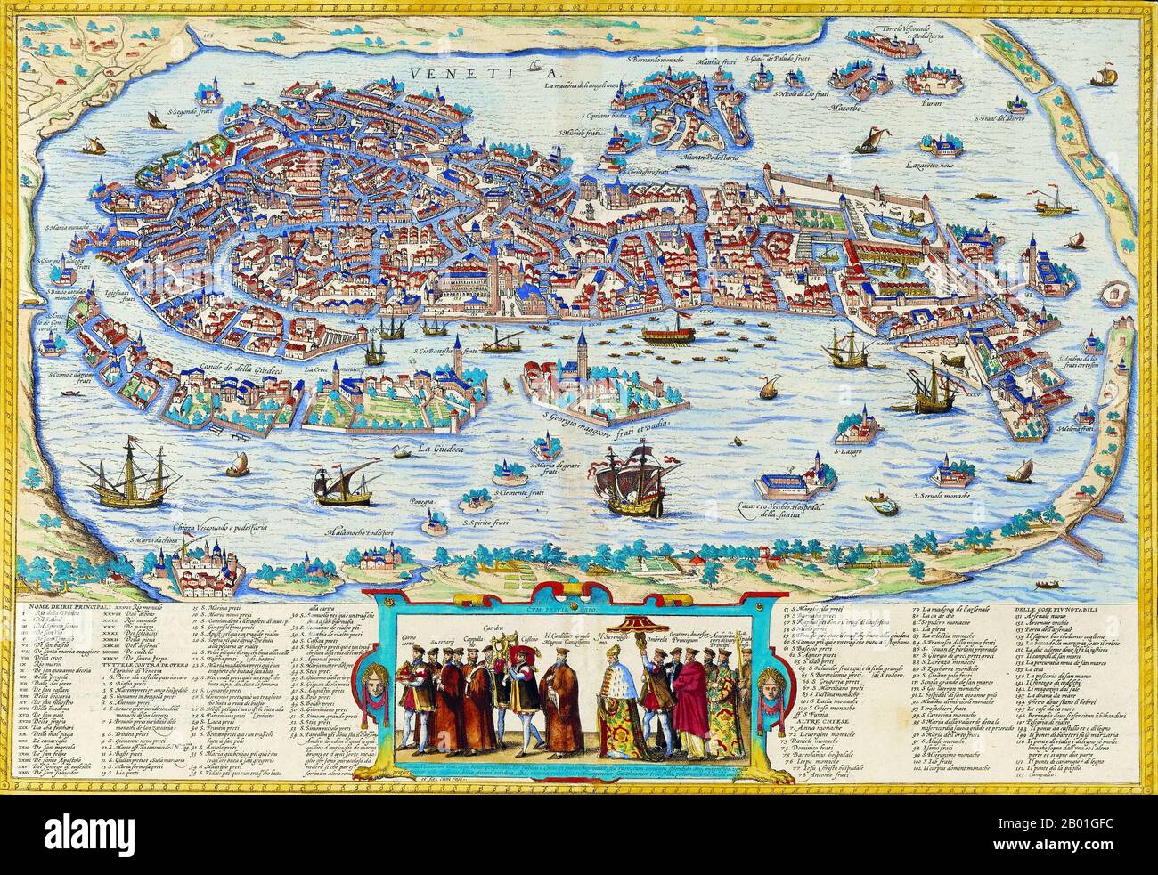 Italy/Venice/Germany: View and Plan of Venice. Map by Georg Braun (1541-1622) and Frans Hogenberg (1535-1590), Germany, 1572.  The Republic of Venice (Italian: Repubblica di Venezia, Venetian: Repùblica Vèneta or Repùblica de Venesia) or Venetian Republic was a state originating from the city of Venice in Northeastern Italy. It existed for over a millennium, from the late 7th century until 1797.  It was formally known as the Most Serene Republic of Venice (Italian: Serenissima Repubblica di Venezia, Venetian: Serenìsima Repùblica Vèneta) and is often referred to as La Serenissima. Stock Photo