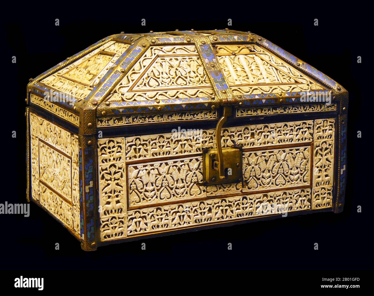 Spain/Al-Andalus: The Casket of Palencia by Abd-ar-Rahman ibn Zeyyah, 11th century, formerly in the Treasury of the Cathedral of Palencia. Photo by Luis Garcia (CC BY-SA 3.0 License).  Al-Andalus was the Arabic name given to a nation and territorial region also commonly referred to as Moorish Iberia. The name describes parts of the Iberian Peninsula and Septimania governed by Muslims (often given the generic name of Moors), at various times in the period between 711 and 1492, although the territorial boundaries underwent constant changes due to wars with the Christian Kingdoms. Stock Photo