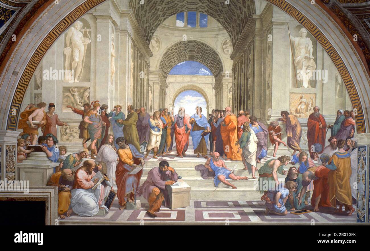 Italy: 'The School of Athens'. Fresco by Raphael (1483-1520), 1509.  The Moorish philosopher Averroes or Ahmad Ibn Rushd (1126 - 10 December 1198) from Cordoba, al-Andalus, stands in the left foreground clad in green, peering over the shoulder of Pythagoras.  Abū l-Walīd Muḥammad bin ʾAḥmad bin Rušd, better known as Ibn Rushd and in European literature as Averroes, was a Muslim polymath; a master of Aristotelian philosophy, Islamic philosophy, Islamic theology, Maliki law and jurisprudence, logic, psychology, politics, Arabic music theory, and the sciences of medicine, astronomy and more. Stock Photo