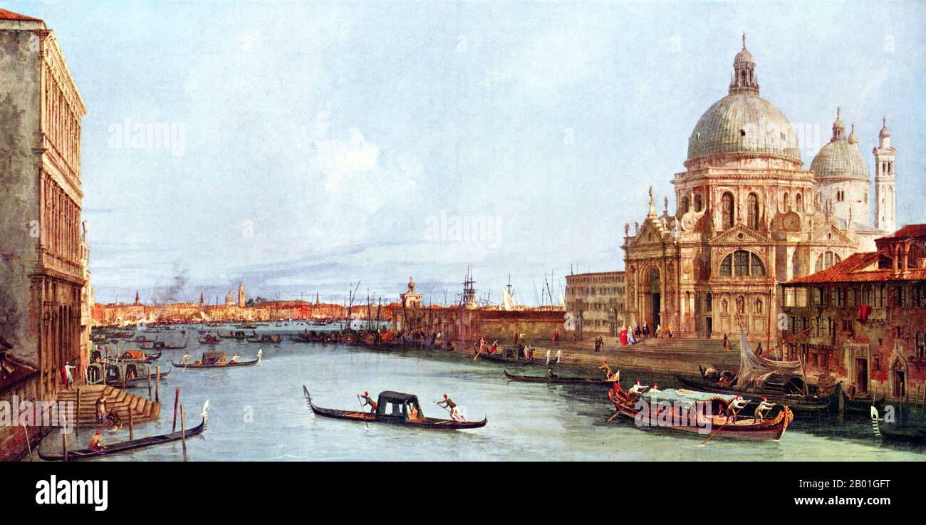 Italy/Venice: 'View of the Grand Canal and Santa Maria della Salute with Boats And Figures in the Foreground'.  Oil on canvas painting by Canaletto (18 October 1697 - 10 April 1768), c. 1730.  For centuries Venice was Europe’s prime trading partner with the Middle East and the Byzantine Empire in particular. Venetian naval and commercial power was unrivalled in Europe until it lost a series of wars to the Ottoman armies in the 15th century. The city lost some 50,000 people to the Black Death in 1575-1577, but remained a major manufacturing centre and port well into the 18th century. Stock Photo