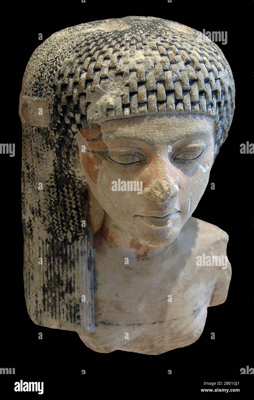 Egypt: Meritaten, ancient Egyptian Queen of the Eighteenth Dynasty.  Limestone bust, c. 1351-1332 BCE. Photo by Aoineko (CC BY-SA 3.0 License).  Meritaten, also spelt Merytaten or Meryetaten, was an ancient Egyptian queen who held the position of Great Royal Wife to Pharaoh Smenkhkare, who may have been a brother or son of Akhenaten. Her name means 'She who is beloved of Aten', Aten being the sun-god her father worshipped. Meritaten may have also served as pharaoh in her own right under the name Ankhkheperure Neferneferuaten. Stock Photo