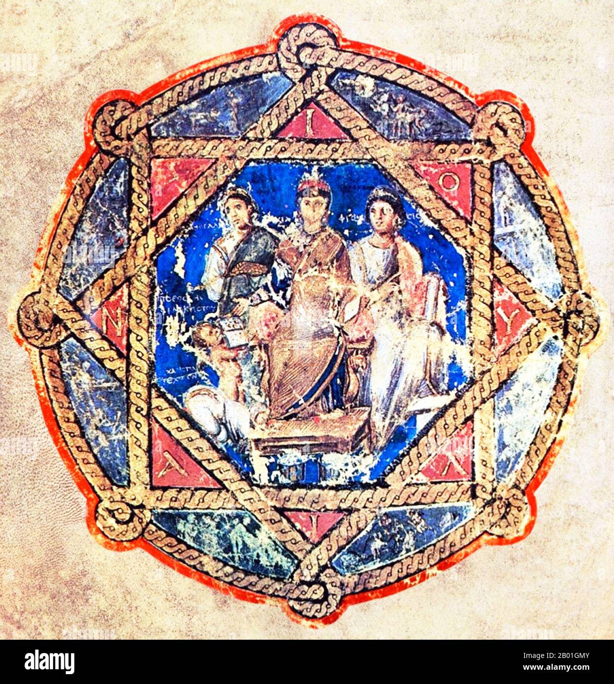 Greece/ Byzantium/Turkey: A donor portrait from the Codex Vienna Dioscorides, 512 CE.  A dedication to Juliana Anikias in the Vienna Dioscorides (fol sixth verso). The enthroned princess is flanked by allegorical figures of generosity and wisdom.  The Vienna Dioscurides or Vienna Dioscorides is an early 6th century illuminated manuscript of De Materia Medica by Dioscorides in Greek. It is an important and rare example of a late antique scientific text. The 491 vellum folios measure 37 by 30 cm and contain more than 400 pictures of animals and plants, most done in a naturalistic style. Stock Photo