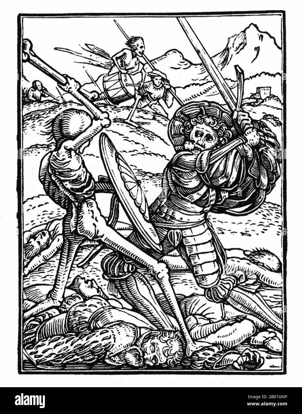 Germany: A scene from 'The Dance of Death' by Hans Holbein the Younger (c. 1497-1543), 16th century.  This is one of a celebrated series of small woodcuts that Holbein designed on the theme of Death. In the words of Christian Rümelin: 'Death is depicted in several guises in these illustrations, ranging from the murderous agent (of the monk, merchant, chandler, rich man, knight, earl and nobleman) to the warning commentator (of the pope, emperor, cardinal, judge, alderman, lawyer, and preacher)'. Stock Photo