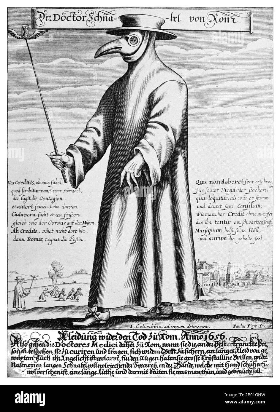 Italy: Copper engraving of Doctor Schnabel (Dr. Beak), a plague doctor in seventeenth-century Italy, with a satirical macaronic poem, c. 1656.  The Black Death was one of the most devastating pandemics in human history, peaking in Europe between 1348 and 1350. Of several competing theories, the dominant explanation for the Black Death is the plague theory, which attributes the outbreak to the bacterium Yersinia pestis.  Thought to have started in China, it travelled along the Silk Road and reached the Crimea by 1346. Stock Photo
