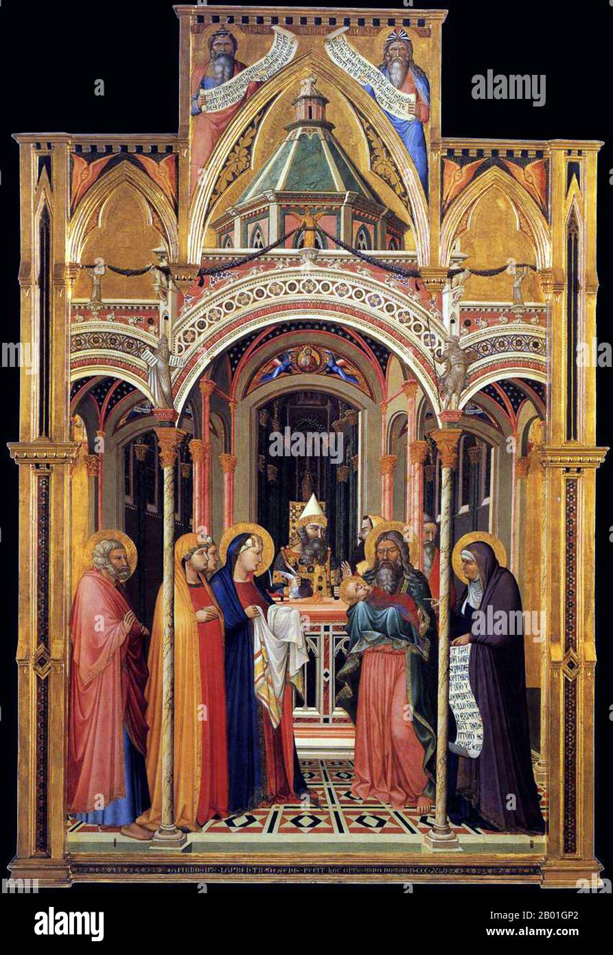 Italy: 'Presentation at the Temple'. Tempera on panel painting by Ambrogio Lorenzetti (1290-1348), Uffizi Gallery, Florence, 1342.  The Presentation of Jesus at the Temple, which falls on 2 February, celebrates an early episode in the life of Jesus. In the Eastern Orthodox Church and some Eastern Catholic Churches, it is one of the twelve Great Feasts, and is sometimes called Hypapante (lit., 'Meeting' in Greek). Other traditional names include Candlemas, the Feast of the Purification of the Virgin, and the Meeting of the Lord. Stock Photo