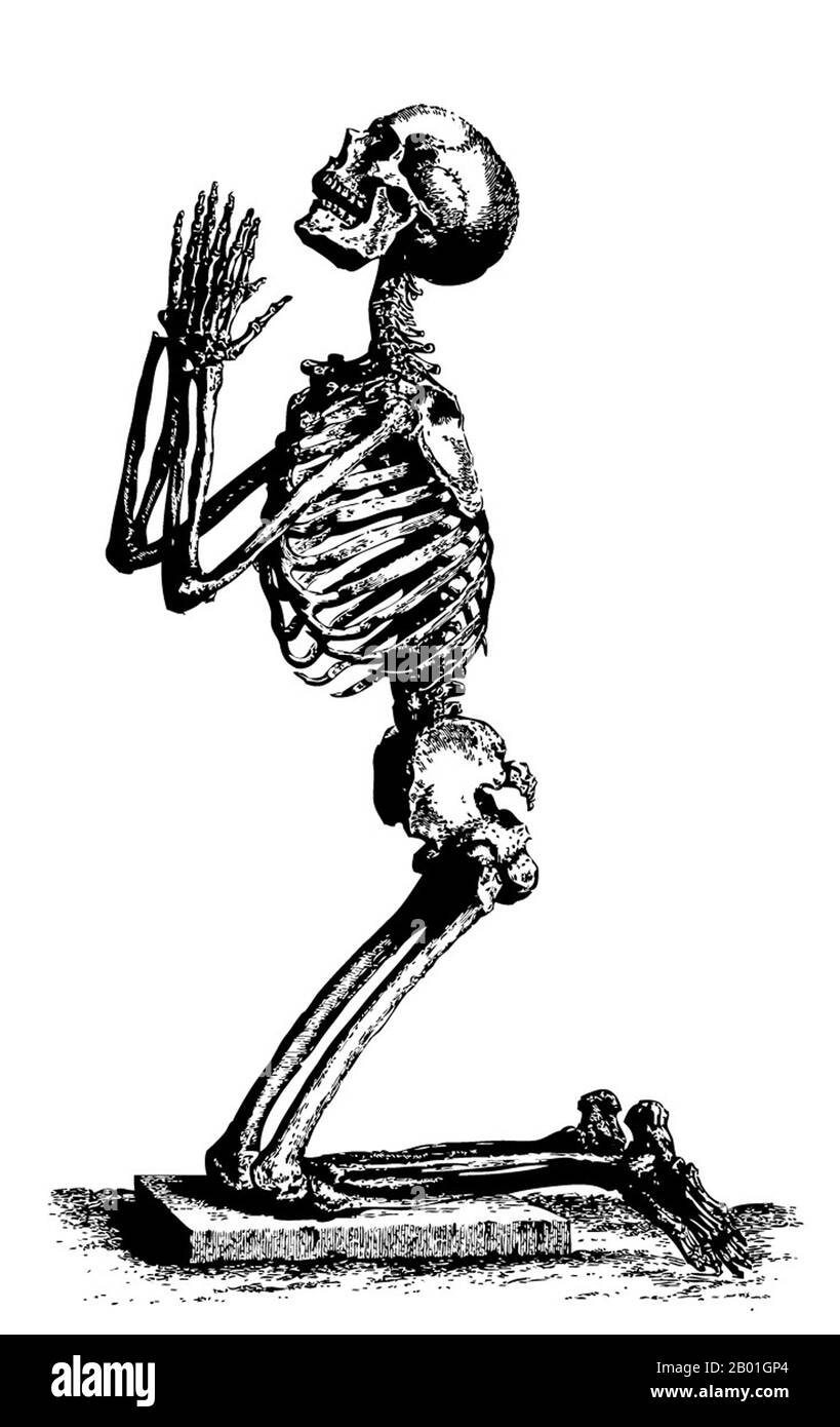 Europe: A woodcut depicting a praying skeleton, probably symbolic of the 'Black death', anonymous, c. 15th century.  The Black Death was one of the most devastating pandemics in human history, peaking in Europe between 1348 and 1350. Of several competing theories, the dominant explanation for the Black Death is the plague theory, which attributes the outbreak to the bacterium Yersinia pestis.  Thought to have started in China, it travelled along the Silk Road and reached the Crimea by 1346. Stock Photo