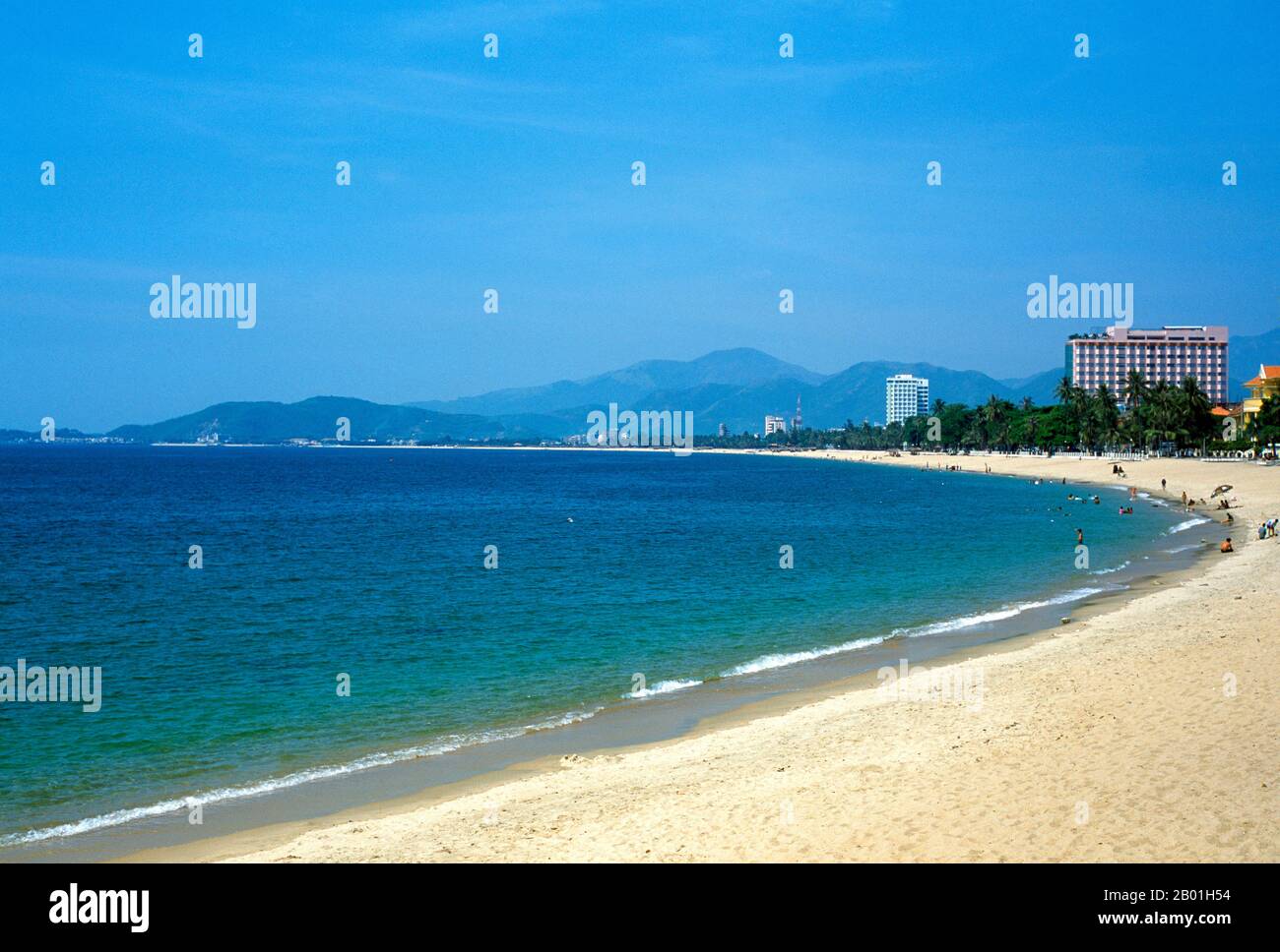 Vietnam: The Municipal Beach, Nha Trang, Khanh Hoa Province.  Nha Trang is a coastal city and capital of Khanh Hoa province, on the South Central Coast of Vietnam. Historically, the city was known as Kauthara under the Champa. The city is still home to the famous Po Nagar Tower built by the Champa. Being a coastal city, Nha Trang is a centre for marine science based at the Nha Trang Oceanography Institute. Stock Photo