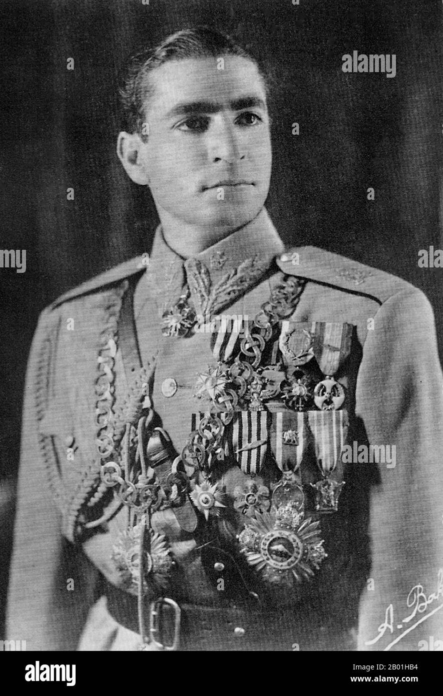 Iran/Persia: Mohammad Rezā Shāh Pahlavi (26 October 1919 - 27 July 1980), Shah of Iran, Shah of Persia (r. 1941-1979), at the age of 21 soon after assuming the throne, 1941.  Mohammad Rezā Shāh Pahlavi ruled Iran from 16 September 1941 until his overthrow by the Iranian Revolution on 11 February 1979. He was the second and last monarch of the House of Pahlavi of the Iranian monarchy. He came to power during World War II after an Anglo-Soviet invasion forced the abdication of his father Reza Shah. During his reign, the Iranian oil industry was nationalised under Prime Minister Mosaddegh. Stock Photo