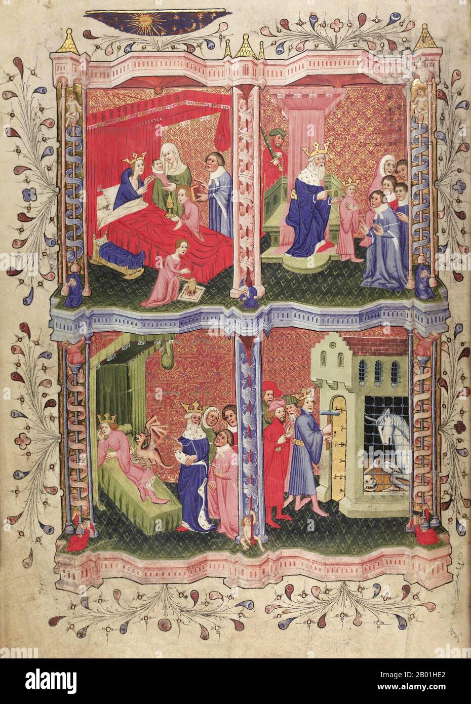 Greece/Netherlands: Illuminated page from a medieval version of Pseudo-Callisthenes, 'The Romance of Alexander' (Greece, c. 200-300 CE), produced in Holland by the Flemish illuminator Jehan de Grise (fl. 1325-1345), 1338-1344.  Attributed to an unknown author identified only as Pseudo-Callisthenes, 'The Romance of Alexander' was first produced in Greek between 200-300 CE from written accounts and stories derived from the oral tradition. Although notionally a history of Alexander the Great (d. 323 BCE), it is really a mixture of legend and fact. Stock Photo