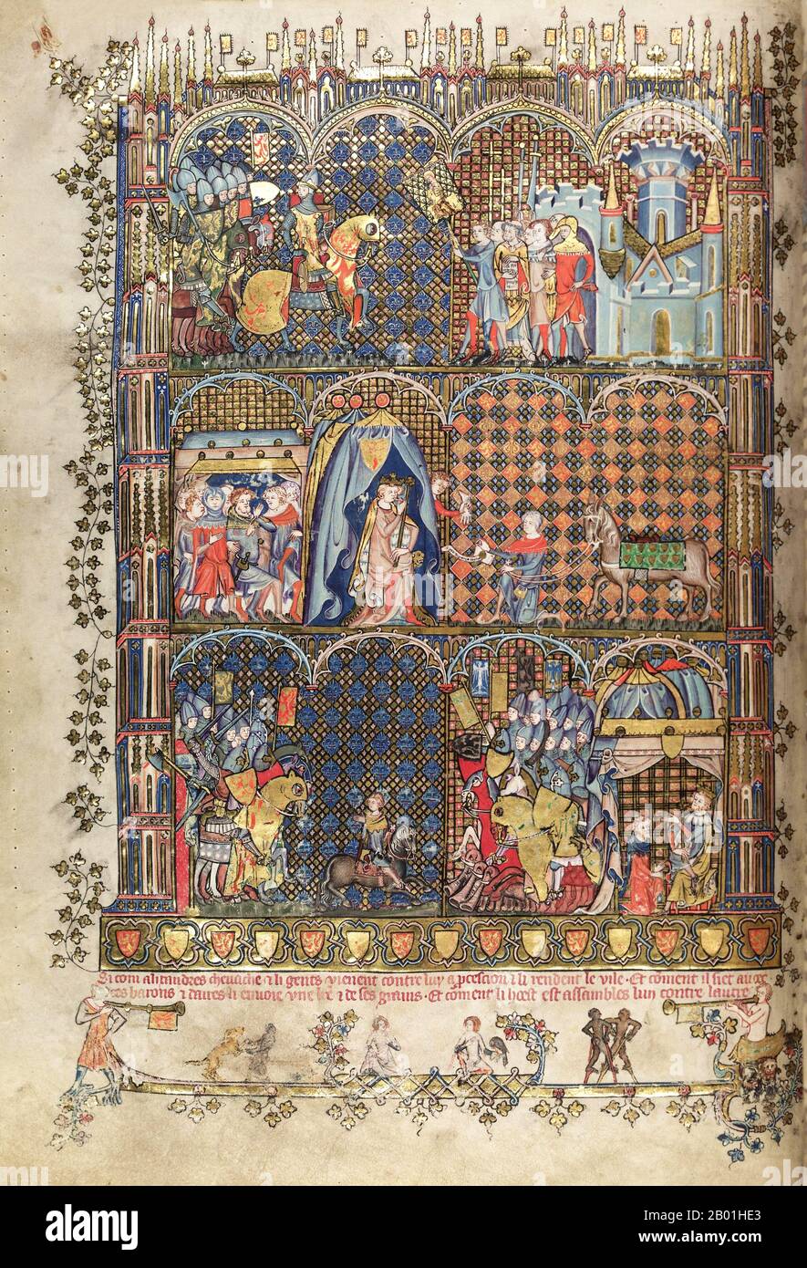 Greece/Netherlands: Illuminated page from a medieval version of Pseudo-Callisthenes, 'The Romance of Alexander' (Greece, c. 200-300 CE), produced in Holland by the Flemish illuminator Jehan de Grise (fl. 1325-1345), 1338-1344.  Attributed to an unknown author identified only as Pseudo-Callisthenes, 'The Romance of Alexander' was first produced in Greek between 200-300 CE from written accounts and stories derived from the oral tradition. Although notionally a history of Alexander the Great (d. 323 BCE), it is really a mixture of legend and fact. Stock Photo