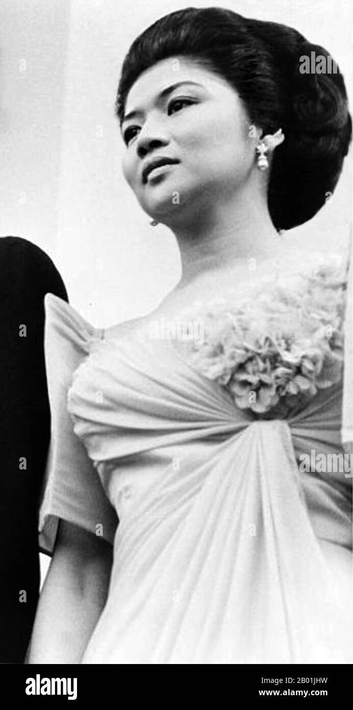 Philippines: Imelda Marcos, First Lady of the Philippines 1965-1986, during a state visit at the White House in 1966.  Imelda R. Marcos (born Imelda Remedios Visitacion Romualdez on July 2, 1929) is a Filipino politician and widow of 10th Philippine President Ferdinand Marcos. Upon the ascension of her husband to political power, she held various positions to the government until 1986. She is sometimes referred to as the Steel Butterfly or the Iron Butterfly and is often remembered for symbols of the extravagance of her husband's political reign, including her collection of 2700 pairs of shoes Stock Photo