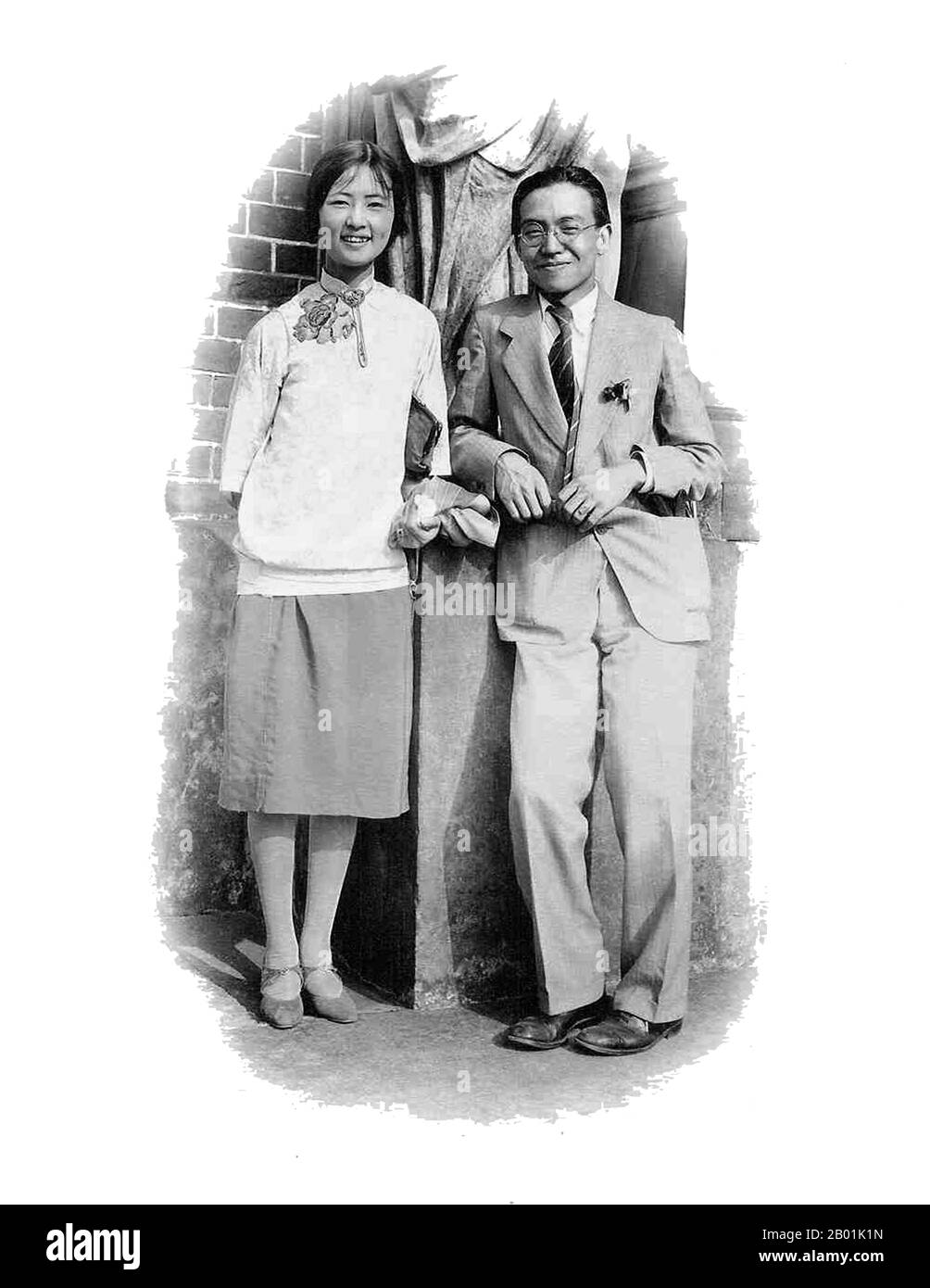 China: Lin Huiyin (10 June 1904 - 1 April 1955), Chinese architect and writer, with her husband Liang Sicheng on their honeymoon in Europe, 1928.  Lin Huiyin, known as Phyllis Lin or Lin Whei-yin when in the United States, was a noted 20th century Chinese architect and writer. She is said to have been the first female architect in China.  She was born in Hangzhou though her family had roots in Minhou, Fujian province. From a rich family, Lin Huiyin received the best education a woman could obtain at that time, studying both in Europe and America. She attended St Mary's College in London. Stock Photo