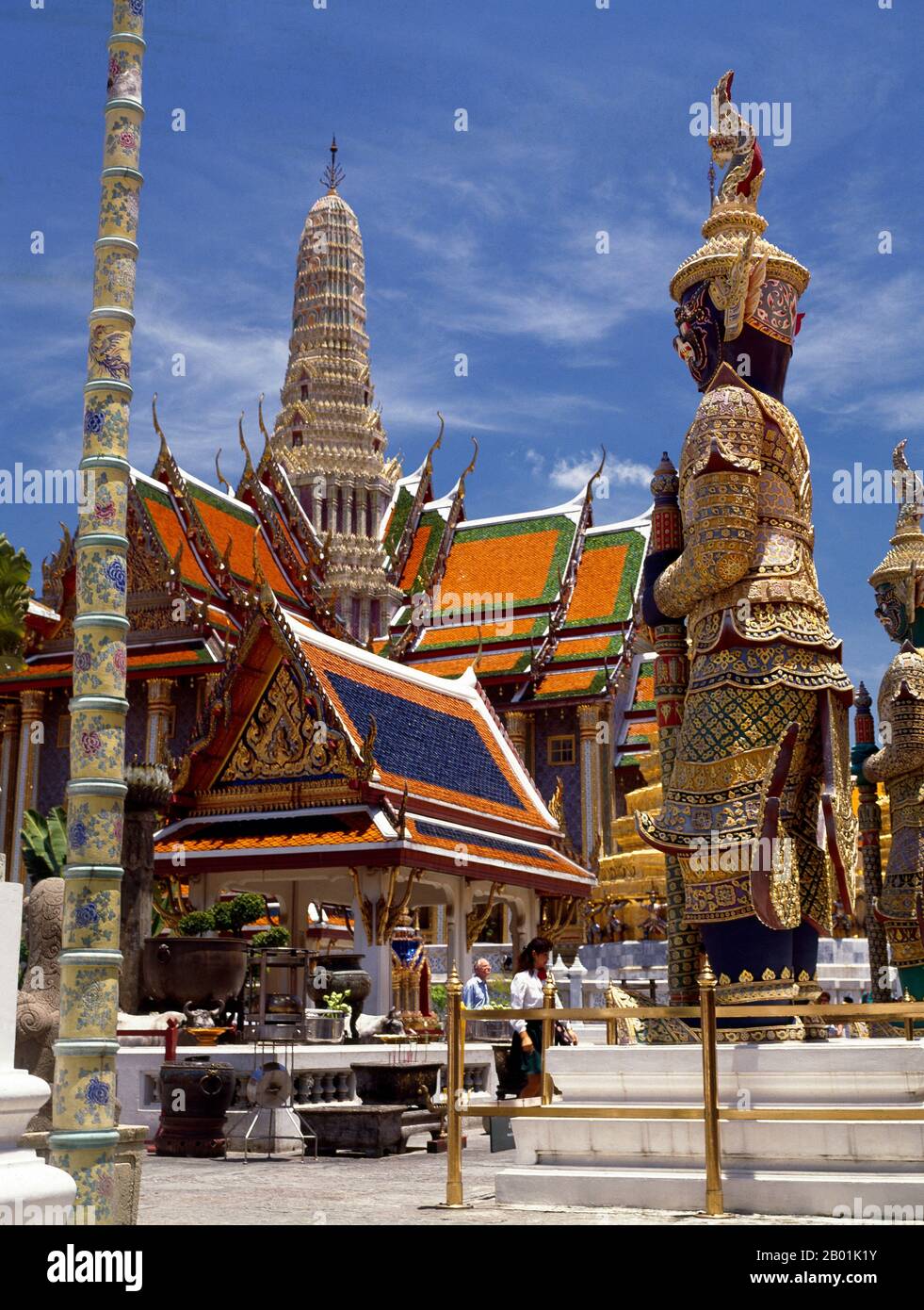 Thailand: Wat Phra Kaew (Temple of the Emerald Buddha), Bangkok.  Wat Phra Kaew (Temple of the Emerald Buddha); full official name Wat Phra Si Rattana Satsadaram is regarded as the most sacred Buddhist temple in Thailand. It is located within the precincts of the Grand Palace.  The Grand Palace served as the official residence of the Kings of Thailand from the 18th century onwards. Construction of the Palace began in 1782, during the reign of King Rama I, when he moved the capital across the river from Thonburi to Bangkok. Stock Photo