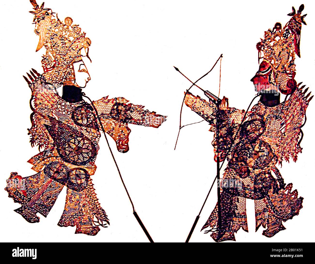China: Chinese Shadow Play Figures - two warriors; Qianlong Set, c. 1780.  Shadow play (Chinese: 皮影戏, pí yĭng xì) or shadow puppetry is an ancient form of storytelling and entertainment using opaque, often articulated figures in front of an illuminated backdrop to create the illusion of moving images. It is popular in various cultures. At present, more than 20 countries are known to have shadow show troupes.  Shadow puppetry originated during the Han Dynasty when one of the concubines of Emperor Wu of Han died from an illness. Stock Photo