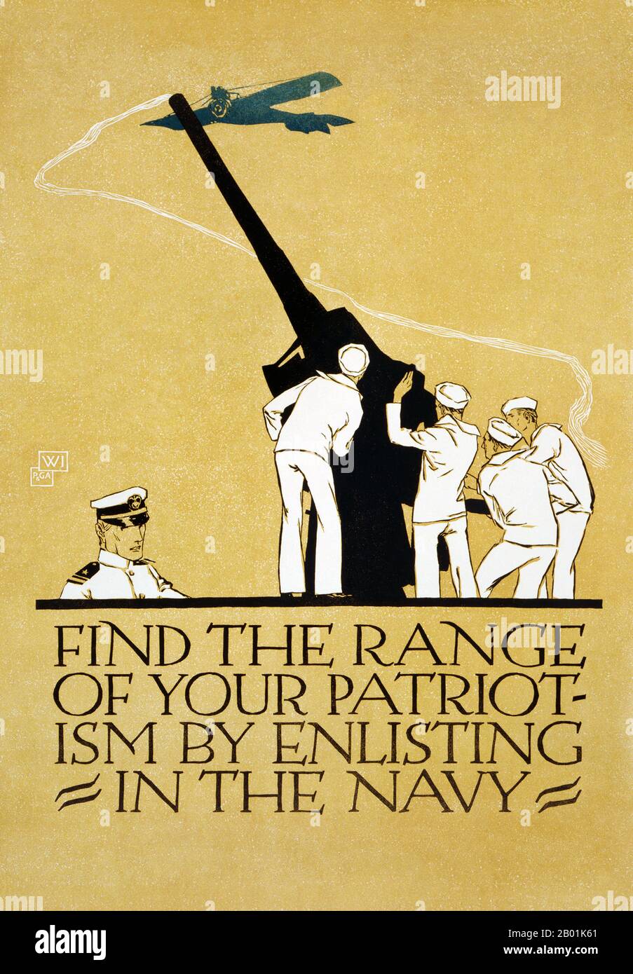 USA: 'Find the Range of your Patriotism by Enlisting in the Navy'. First World War naval recruitment lithograph poster by Vojtech Preissig (31 July 1873 - 11 June 1944), US Navy, 1918.  Prior to the outbreak of World War I, military recruitment in the US was conducted primarily by individual states. Upon entering the war, however, the federal government took on an increased role, using five basic appeals to motivate these campaigns: patriotism (the most prevalent theme), job/career/education, adventure/challenge, social status and travel. Stock Photo