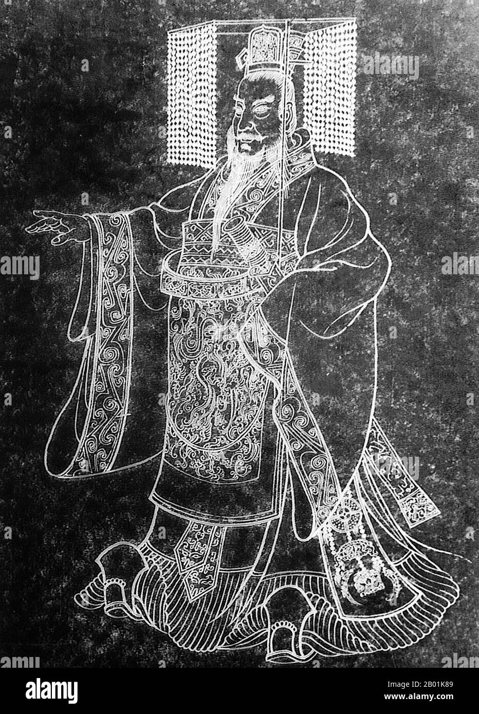 China: Qin Shu Huang/Qin Shi Huangdi (259-210 BCE), First Emperor of a unified China. Ink rubbing from a stone tablet, c. 18th century.  Qin Shi Huang, personal name Ying Zheng, was king of the Chinese State of Qin from 246 to 221 BCE during the Warring States Period. He became the first emperor of a unified China in 221 BCE, and ruled until his death in 210 BC at the age of 49. Styling himself 'First Emperor' after China's unification, Qin Shi Huang is a pivotal figure in Chinese history, ushering in nearly two millennia of imperial rule. Stock Photo