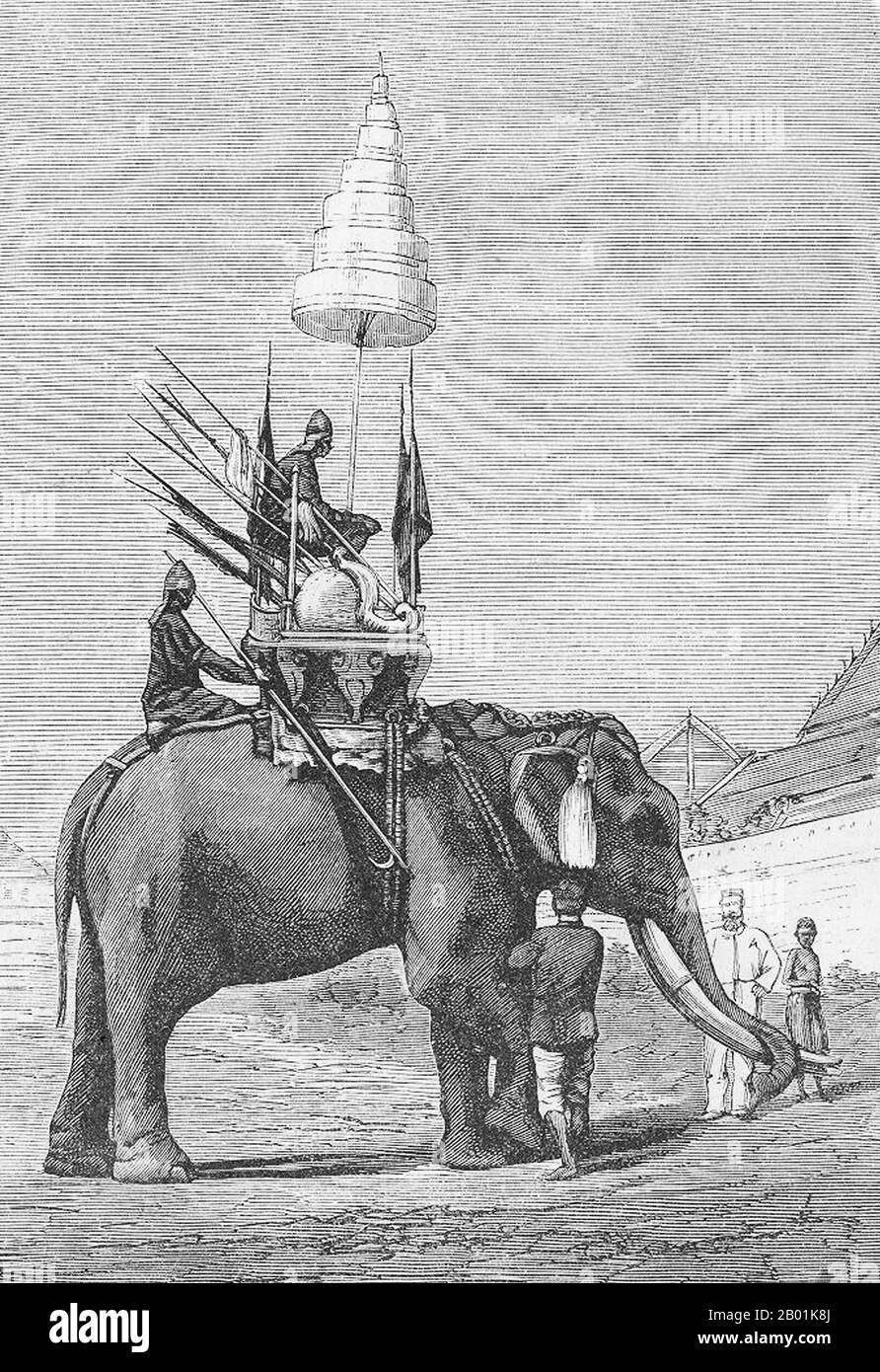 Thailand: A Siamese war elephant equipped for battle. Engraving, 19th century.  A war elephant was an elephant trained and guided by humans for combat. Their main use was to charge the enemy, trampling them and breaking their ranks. A division of war elephants is known as elephantry.  They were probably first employed in India, the practice spreading out across Southeast Asia and westwards into the Mediterranean. Their most famous use in the West was by the Greek general Pyrrhus of Epirus and in great numbers by the armies of Carthage, especially under Hannibal.  War Elephants were Stock Photo