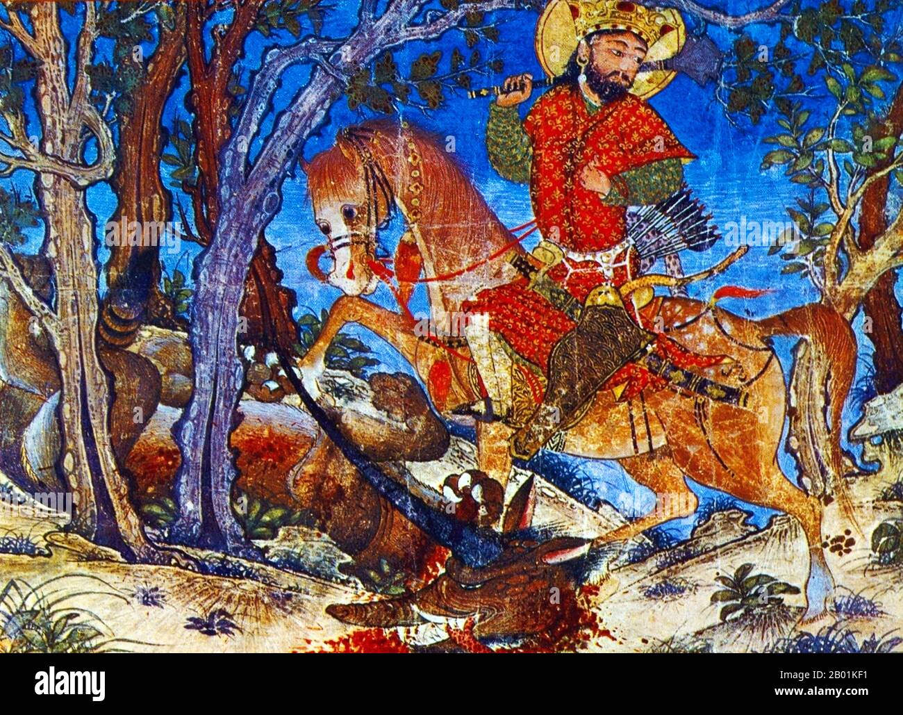Iran/Persia: Bahram Gur killing a lion. Miniature painting from the Demotte Shahnameh, c. 1328-1336.  The Shahnameh or Shah-nama (Šāhnāmeh, 'The Book of Kings') is a long epic poem written by the Persian poet Ferdowsi between c. 977 and 1010 CE and is the national epic of Iran and related Perso-Iranian cultures. Consisting of some 60,000 verses, the Shahnameh tells the mythical and to some extent the historical past of Greater Iran from the creation of the world until the Islamic conquest of Persia in the 7th century. Stock Photo