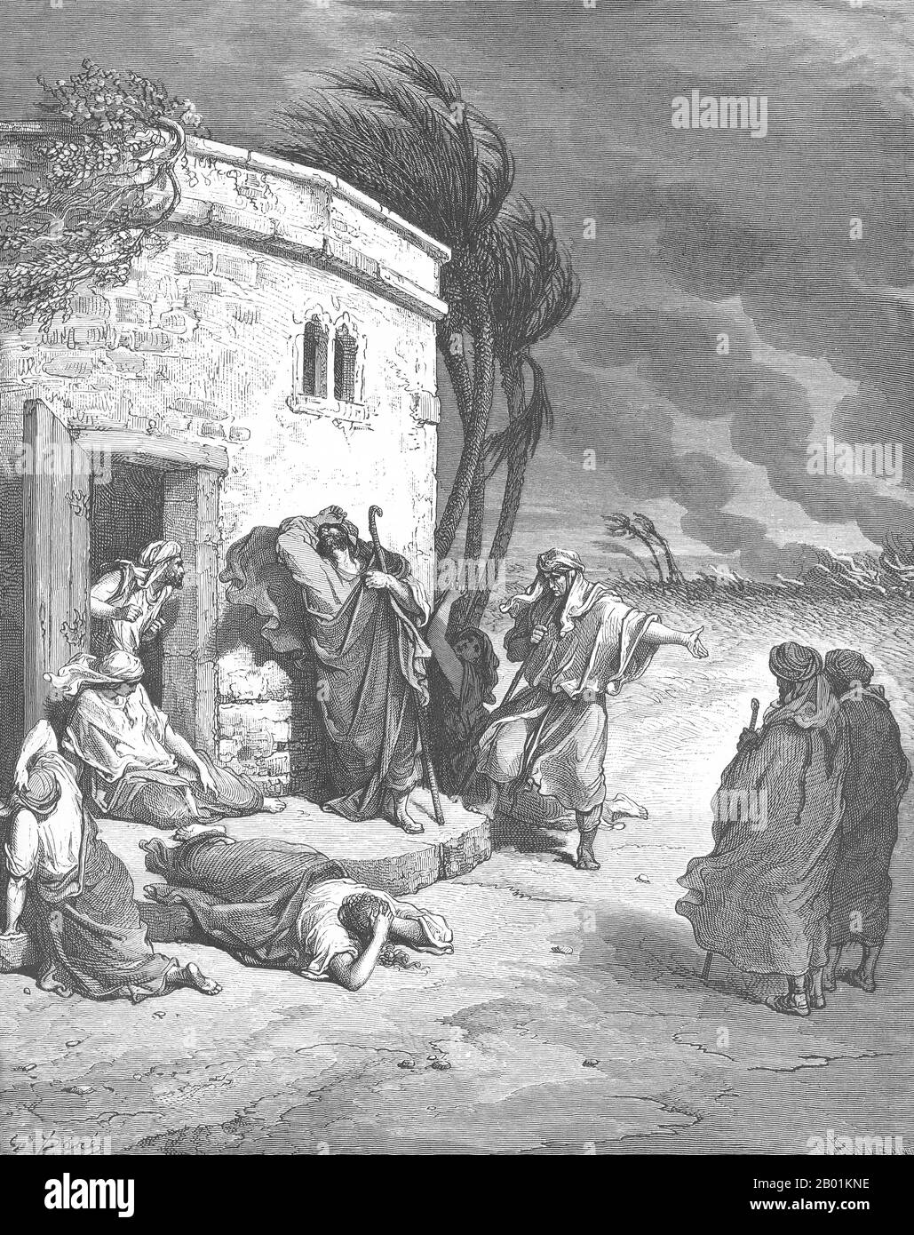 France: 'Job Hears of His Misfortunes (Book of Job 1:1-22)'. Lithograph by Gustave Doré (6 January 1832 - 23 January 1883), 1866.  Job is the central character of the Book of Job in the Hebrew Bible. Job is also recognised as a prophet of God in the Qur'an.  The Book of Job begins with an introduction to Job's character. He is described as a blessed man who lives righteously. God's praise of Job prompts Satan to challenge Job's integrity and suggesting that Job serves God simply because he protects him. God removes Job's protection, allowing Satan to take his wealth, his children and more. Stock Photo