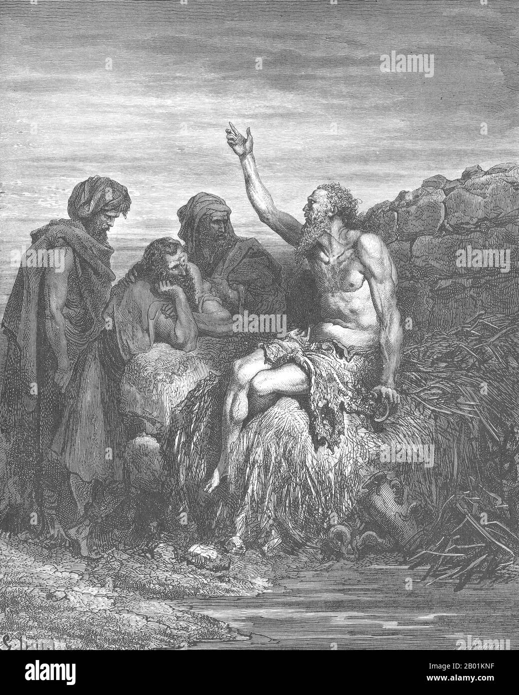 France: 'Job Speaks with His Friends (Book of Job 2:1-13)'. Lithograph by Gustave Doré (6 January 1832 - 23 January 1883), 1866.  Job is the central character of the Book of Job in the Hebrew Bible. Job is also recognised as a prophet of God in the Qur'an.  The Book of Job begins with an introduction to Job's character. He is described as a blessed man who lives righteously. God's praise of Job prompts Satan to challenge Job's integrity and suggesting that Job serves God simply because he protects him. God removes Job's protection, allowing Satan to take his wealth, his children and his health Stock Photo