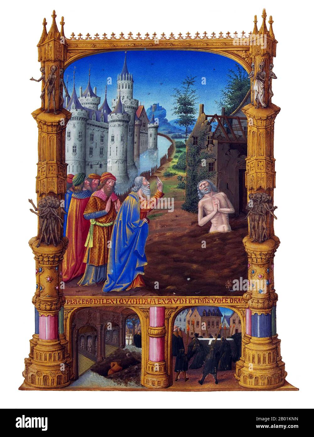 France/Netherlands: 'Job Mocked by His Friends'. Folio from 'Les Très Riches Heures du duc de Berry (The Very Rich Hours of the Duke of Berry)' by the Limbourg brothers (Herman, Paul and Jean), c. 1410  Job is the central character of the Book of Job in the Hebrew Bible. Job is also recognised as a prophet of God in the Qur'an.  The Book of Job begins with an introduction to Job's character. He is described as a blessed man who lives righteously. God's praise of Job prompts Satan to challenge Job's integrity and suggesting that Job serves God simply because he protects him. Stock Photo