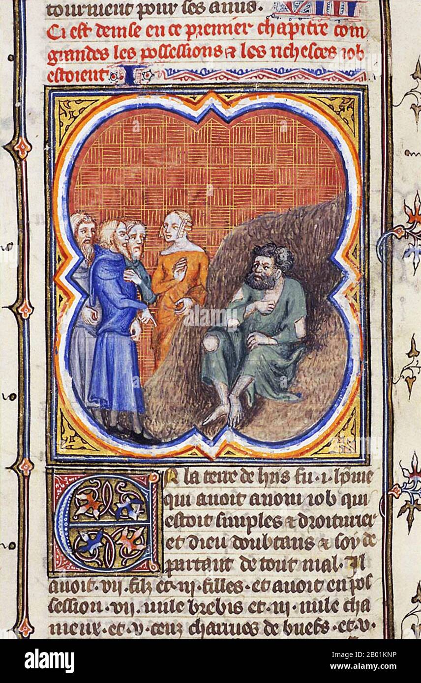 France/Belgium: 'Job on the Dung-hill is Tormented by His Wife and Comforted by His Friends'. Miniature painting from the Bible of Jean de Sy by Jean Bondol (fl. 1368-1381), 1372  Job is the central character of the Book of Job in the Hebrew Bible. Job is also recognised as a prophet of God in the Qur'an.  The Book of Job begins with an introduction to Job's character. He is described as a blessed man who lives righteously. God's praise of Job prompts Satan to challenge Job's integrity and suggesting that Job serves God simply because he protects him. Stock Photo