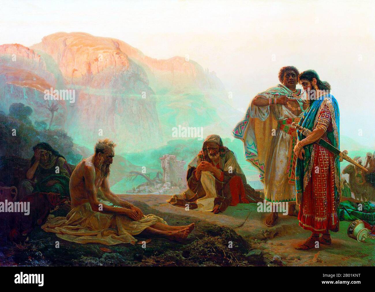 Russia: 'Job and His Friends'. Oil on canvas painting by Ilya Repin (24 July 1844 - 29 September 1930), 1869.  Job is the central character of the Book of Job in the Hebrew Bible. Job is also recognised as a prophet of God in the Qur'an.  The Book of Job begins with an introduction to Job's character. He is described as a blessed man who lives righteously. God's praise of Job prompts Satan to challenge Job's integrity and suggesting that Job serves God simply because he protects him. God removes Job's protection, allowing Satan to take his wealth, his children and his physical health. Stock Photo