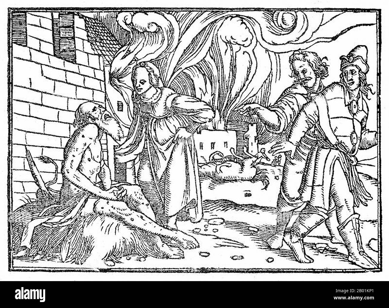France: Job, afflicted with sores as his house burns, is mocked by his wife and friends. Wood engraving from the Biblia Sacra by Jean Benoit (1484-1573), early 16th century.  Job is the central character of the Book of Job in the Hebrew Bible. Job is also recognised as a prophet of God in the Qur'an.  The Book of Job begins with an introduction to Job's character. He is described as a blessed man who lives righteously. God's praise of Job prompts Satan to challenge Job's integrity and suggesting that Job serves God simply because he protects him. God removes Job's protection. Stock Photo