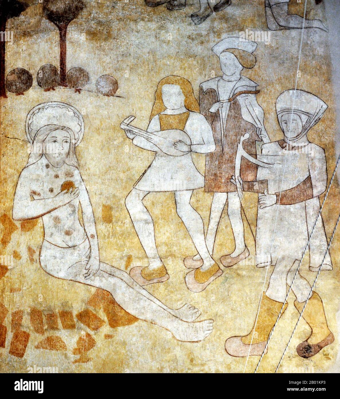Netherlands: Job (left, with sores) in a medieval wall painting at Hattem Church, Gelderland, c. 13th century.  Job is the central character of the Book of Job in the Hebrew Bible. Job is also recognised as a prophet of God in the Qur'an.  The Book of Job begins with an introduction to Job's character. He is described as a blessed man who lives righteously. God's praise of Job prompts Satan to challenge Job's integrity and suggesting that Job serves God simply because he protects him. God removes Job's protection, allowing Satan to take his wealth, his children and his physical health. Stock Photo