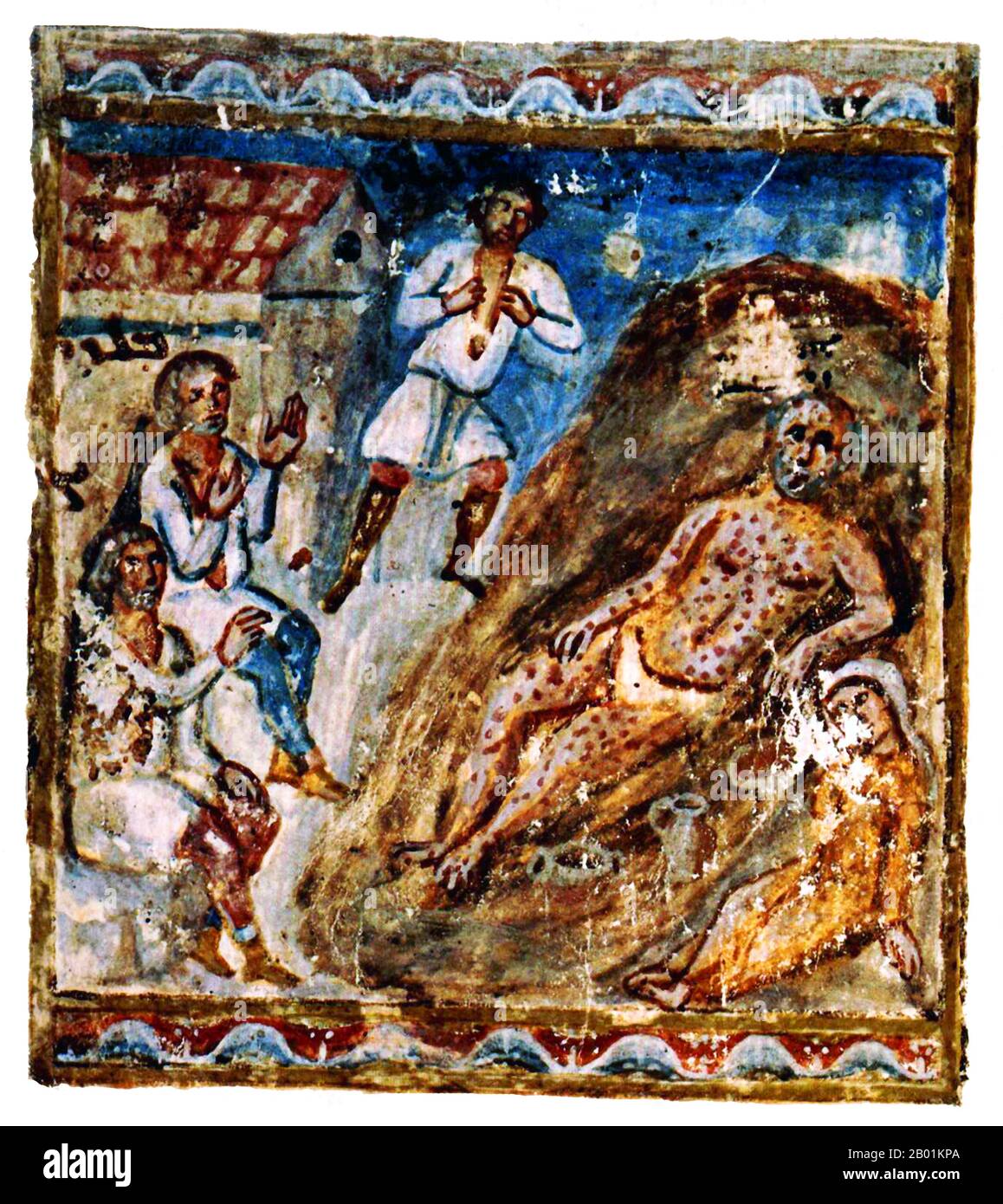 Iraq: 'The Suffering of Job'. Miniature folio from the Syriac Bible of Paris, 6th-7th century.  Job is the central character of the Book of Job in the Hebrew Bible. Job is also recognised as a prophet of God in the Qur'an.  The Book of Job begins with an introduction to Job's character. He is described as a blessed man who lives righteously. God's praise of Job prompts Satan to challenge Job's integrity and suggesting that Job serves God simply because he protects him. God removes Job's protection, allowing Satan to take his wealth, his children, and his physical health in order to tempt Job. Stock Photo