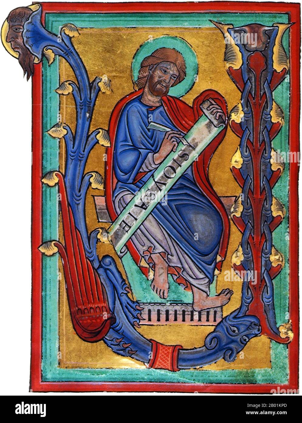 Belgium: The prophet Isaiah. Miniature painting from the Parc Abbey Bible, Louvain, 1148.  Isaiah was a prophet in the 8th-century BCE Kingdom of Judah. Jews and Christians consider the Book of Isaiah a part of their Biblical canon; he is the first listed (although not the earliest) of the neviim akharonim, the later prophets. Many of the New Testament teachings of Jesus refer to the book of Isaiah. Stock Photo