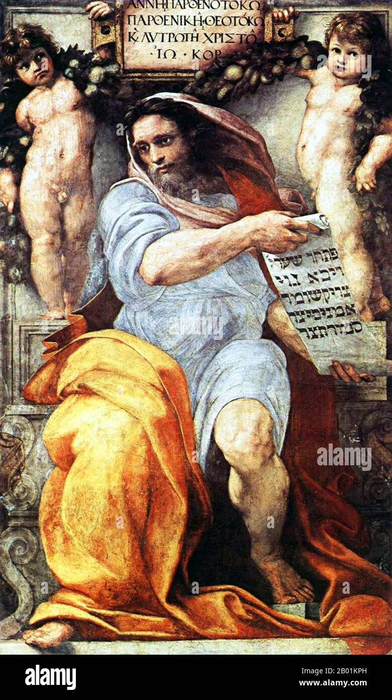 Italy: 'The Prophet Isaiah'. Fresco by Raphael (6 April 1483 - 6 April 1520) located in Basilica di Sant'Agostino, an early Renaissance church in Rome, c. 1511-1512.  Isaiah was a prophet in the 8th-century BCE Kingdom of Judah. Jews and Christians consider the Book of Isaiah a part of their Biblical canon; he is the first listed (although not the earliest) of the neviim akharonim, the later prophets. Many of the New Testament teachings of Jesus refer to the book of Isaiah. Stock Photo